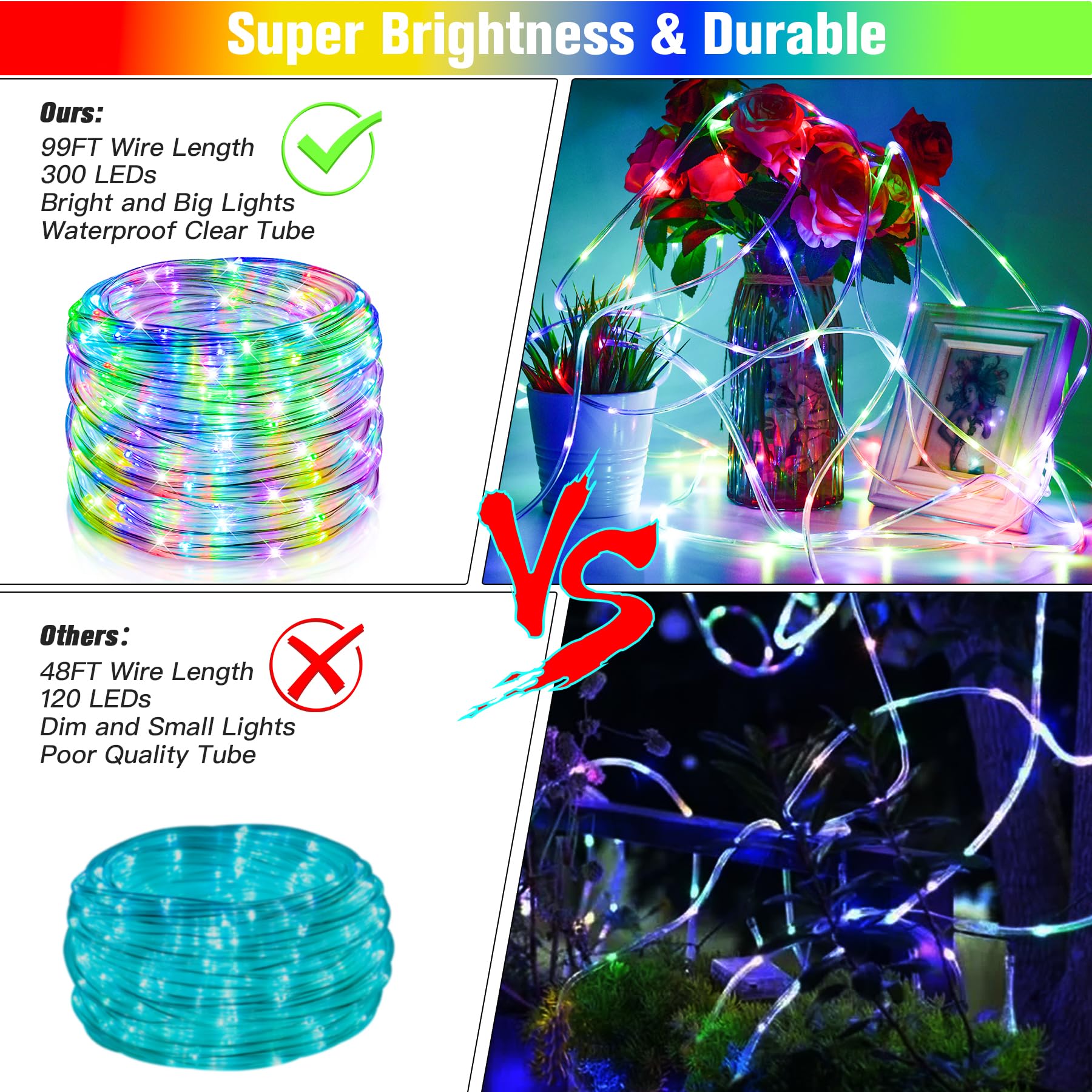 Nazuwke 99FT LED Rope Lights - Multicolor, IP68 Waterproof, 300 LEDs, Fairy String Light with Remote for Outdoor/Indoor Decor