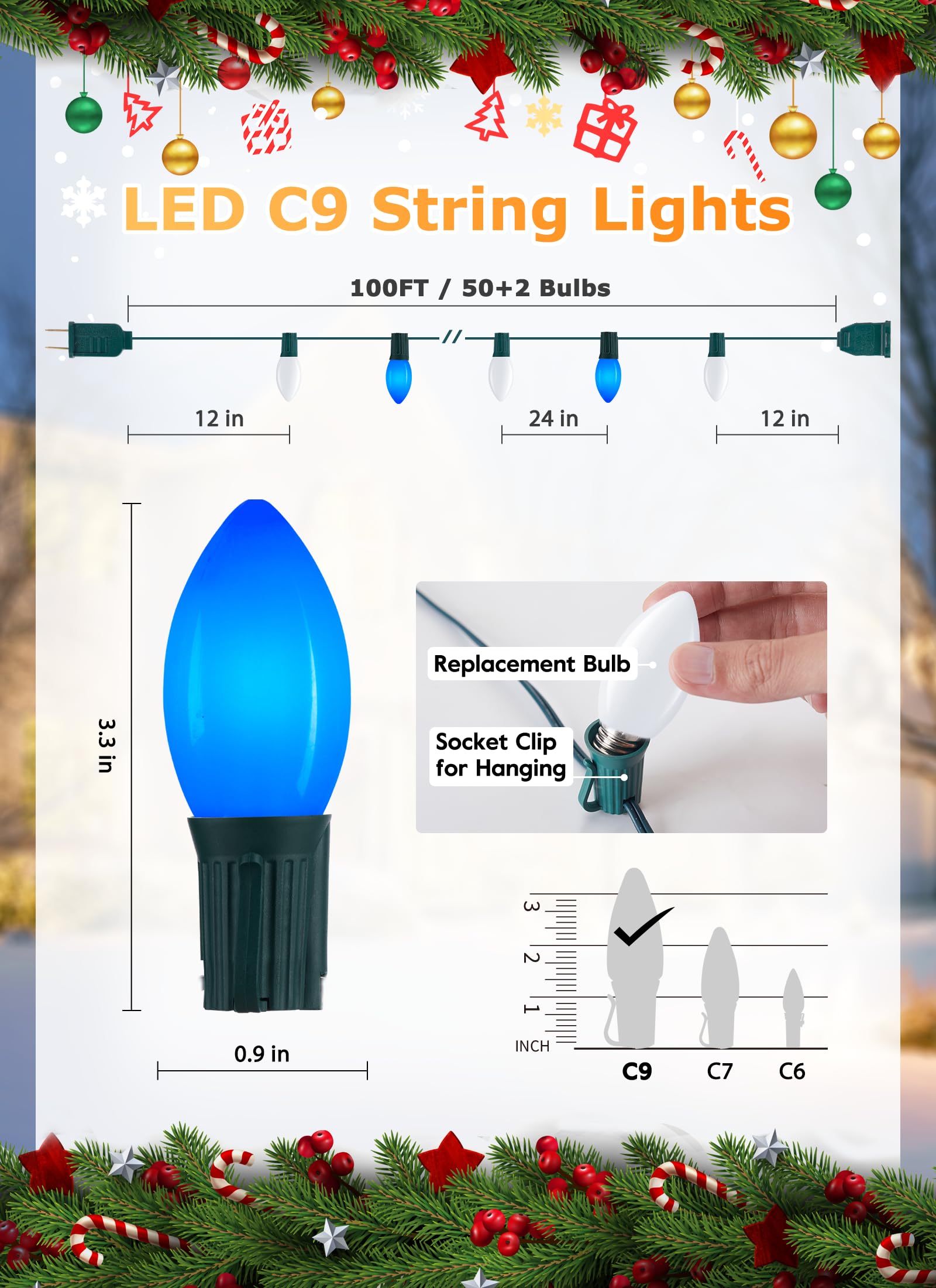 Vintage C9 Led Christmas Lights Outdoor  100 Feet C9 String Lights With 50 Shatterproof C9 Bulbs  Waterproof Connectable Christmas Tree Lights For Outside Roofline Patio Xmas Decor  Blue & Pure White
