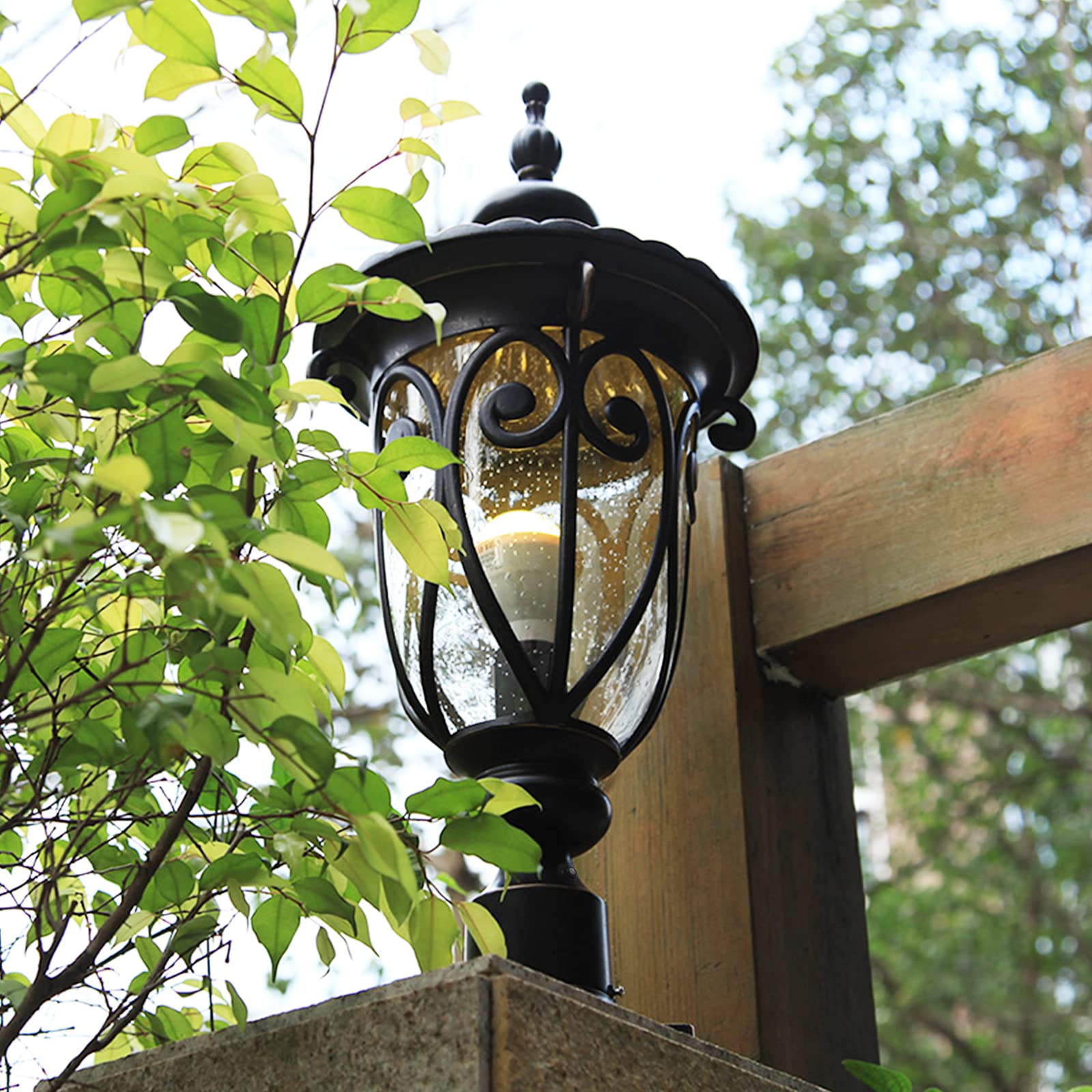GOALPLUS Post Light Fixture 24 Inch Bronze with Dusk to Dawn Sensor, Aluminum, Seeded Glass for Yard, Garden, Patio, Model LMMS0519-M