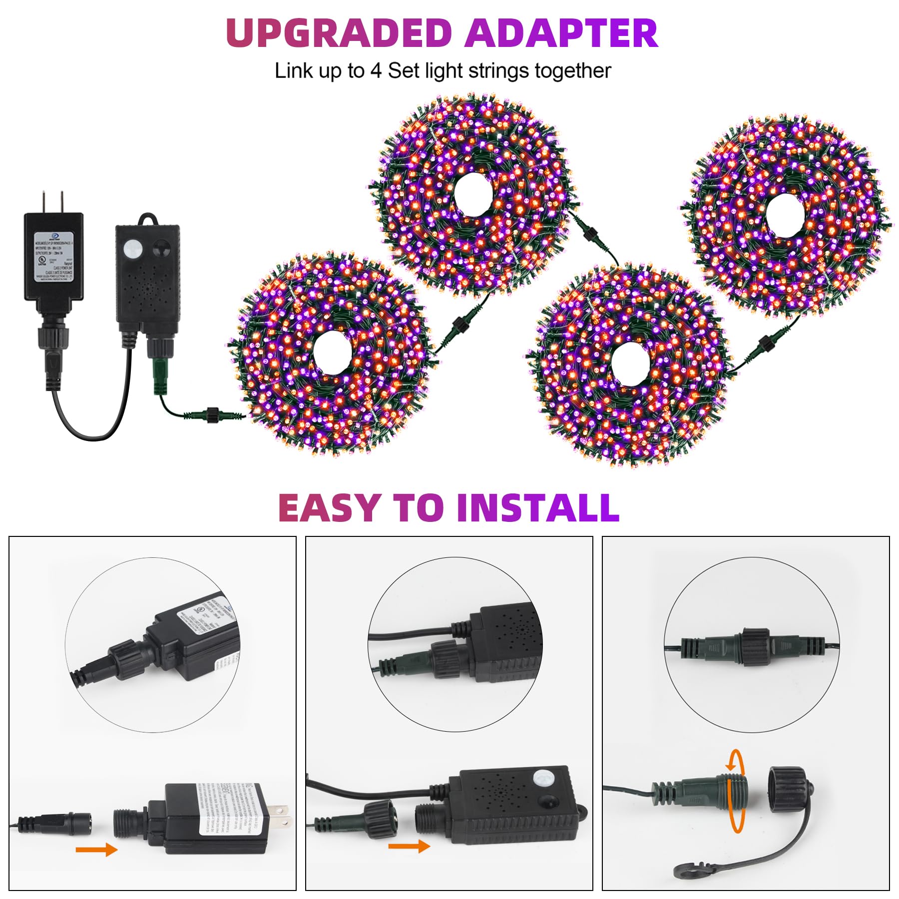 Chuya LED String Lights 300 Lights 105FT Waterproof Music Orange Purple Model QL300AE for Halloween Party Garden Christmas Decor