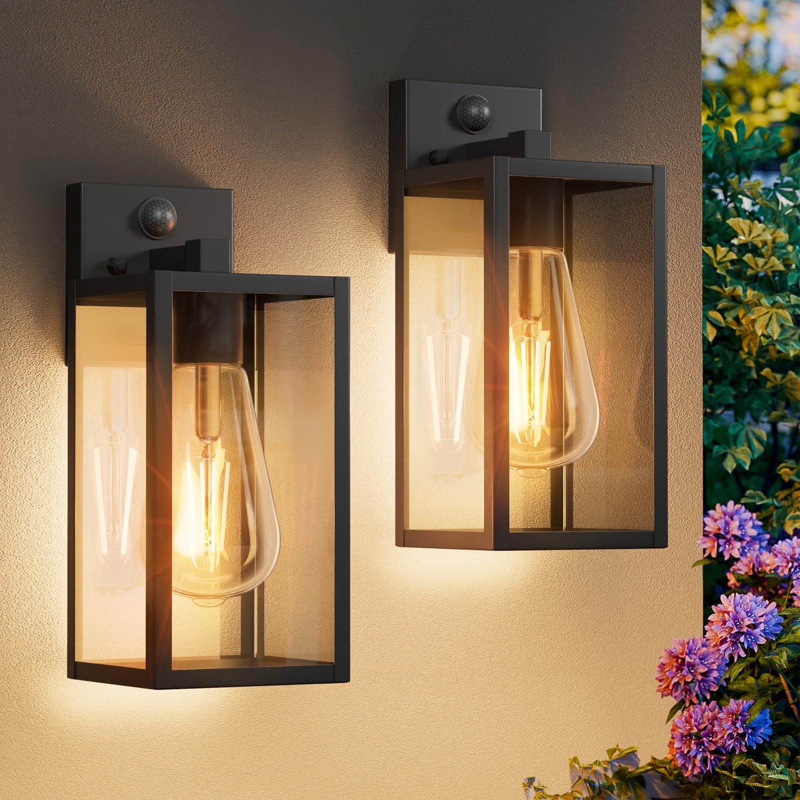 FNYUSLET 2 Pack 13 Motion Sensor Outdoor Wall Light Fixture  Large Front Porch Lights for House  Exterior Wall Sconce  Black Waterproof Lantern Lamp Outside Coach Light for Garage Entryway Yard
