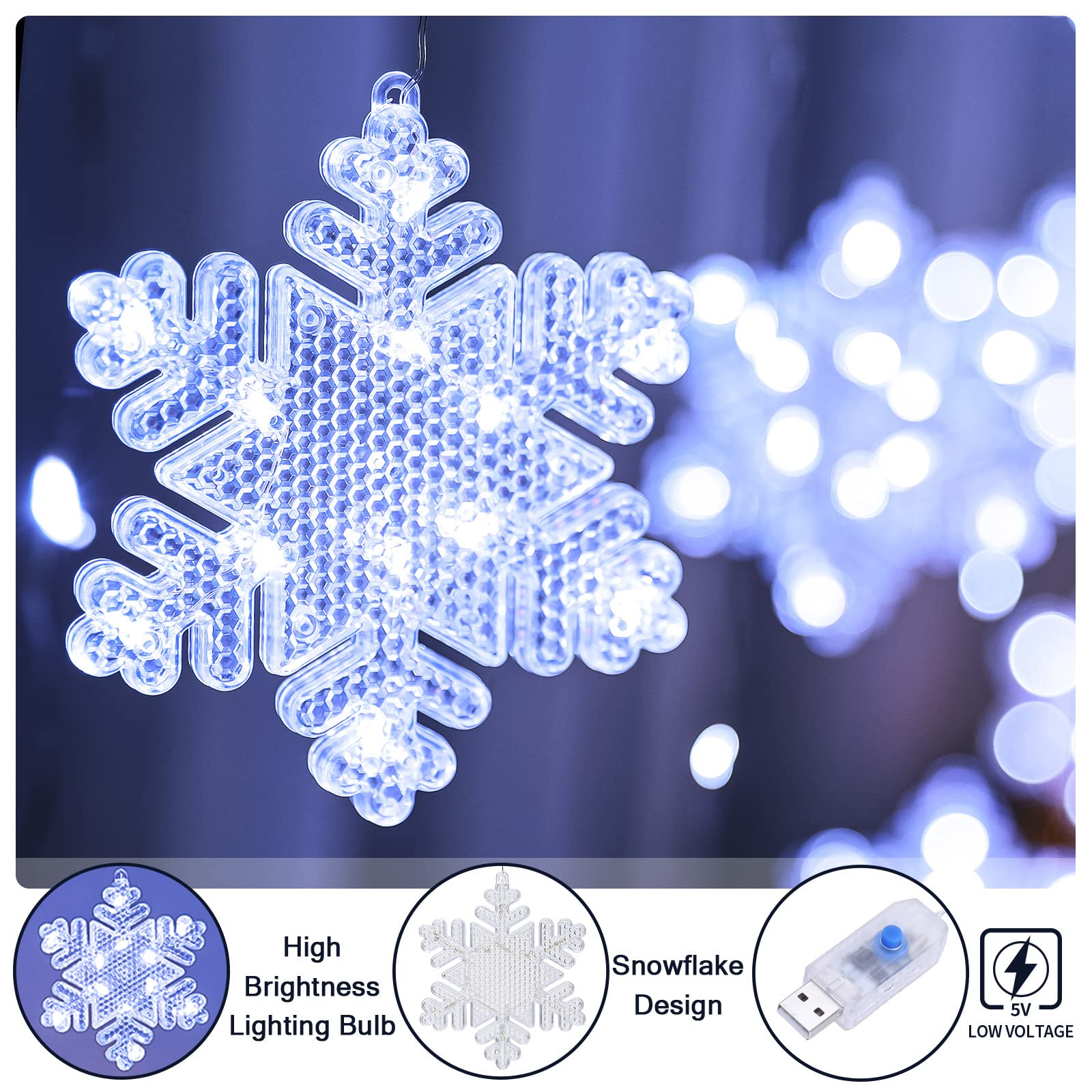 Bloomwin Window Lights Christmas Decor 10Ft 12 Snowflakes Icicle Lights Usb Christmas Curtain Lights For Bedroom Indoor Wall Winter Decorations For Home Church Wedding Birthday, 8 Modes, Cool White