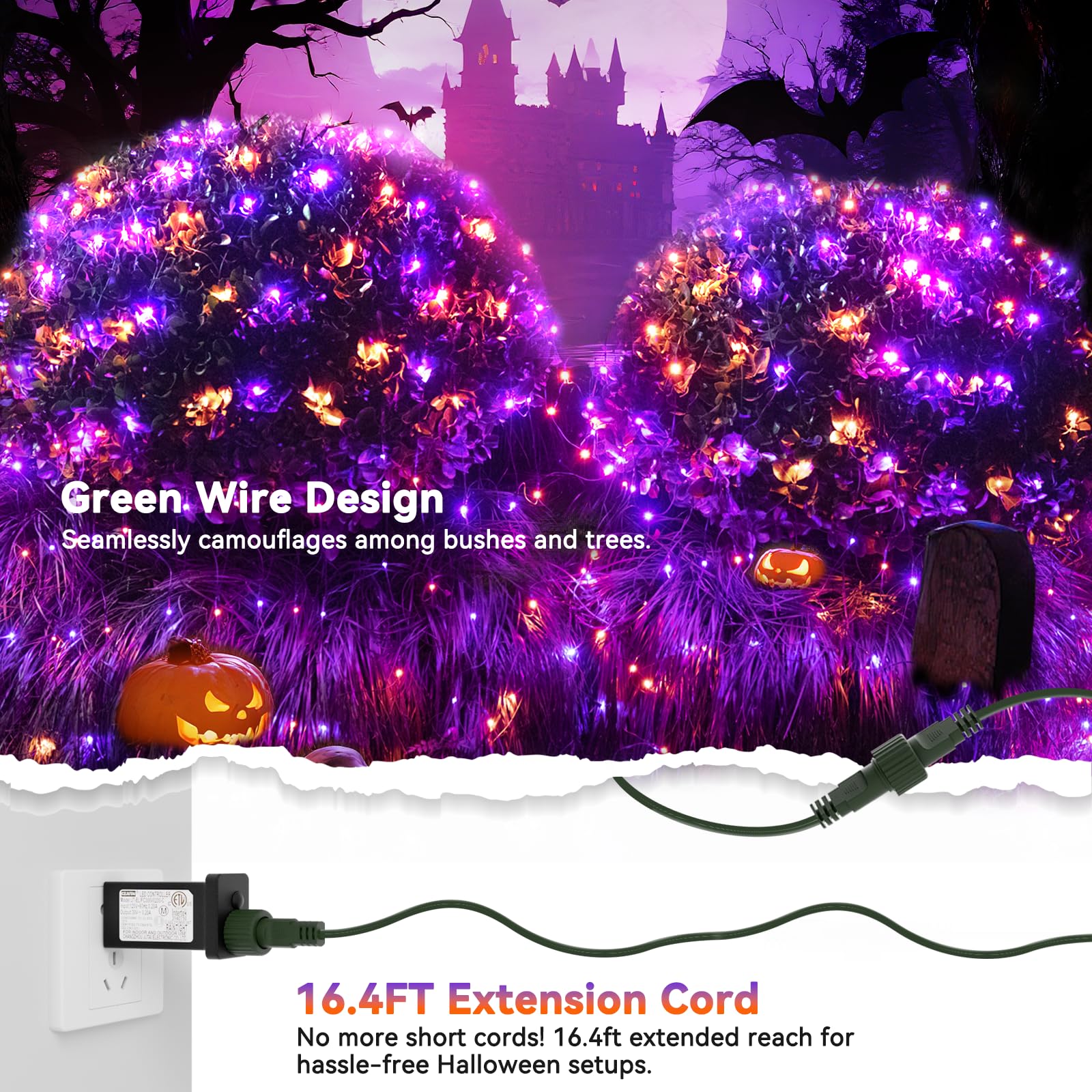 Lithome 14.8Ft X 5Ft Halloween Net Lights  300 Led Purple Orange Bush Lights With 8 Modes  Connectable Waterproof Net Mesh Light Dark Green Wire For Bushes Shrubs Trees Outdoor Holiday Decor