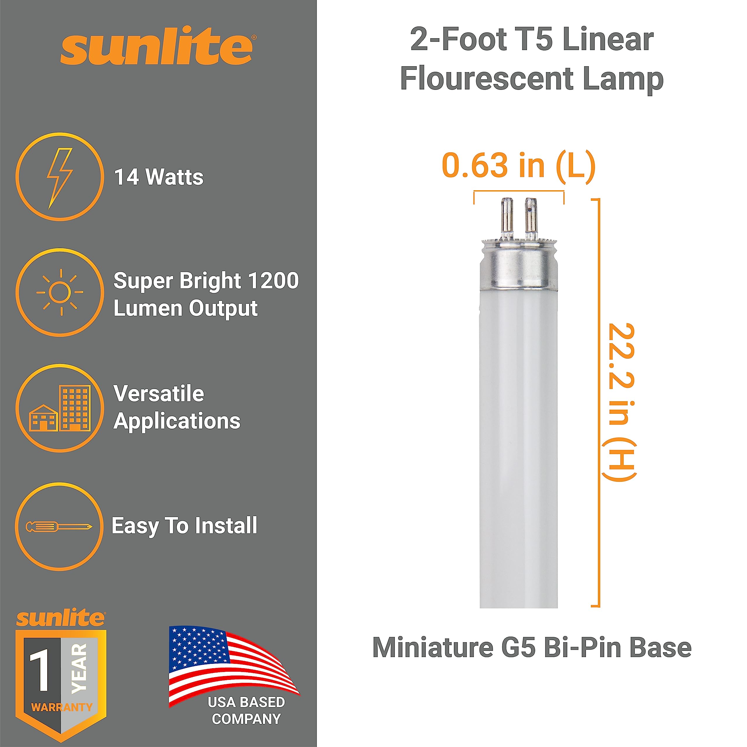Sunlite T5 Linear Fluorescent Lamp 14W 1200 Lumens 3000K Warm White Miniature G5 Bi-Pin Base 40 Pack