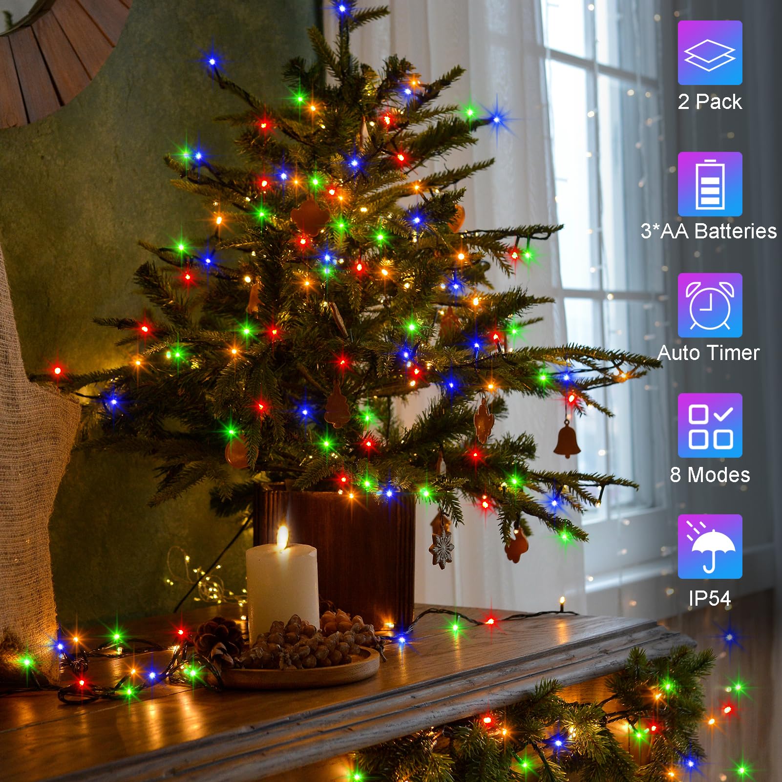 2 Pack String Lights Battery Operated, Each 23Ft 70 Led Christmas Lights With Timer 8 Modes Twinkle Fairy String Lights For Indo