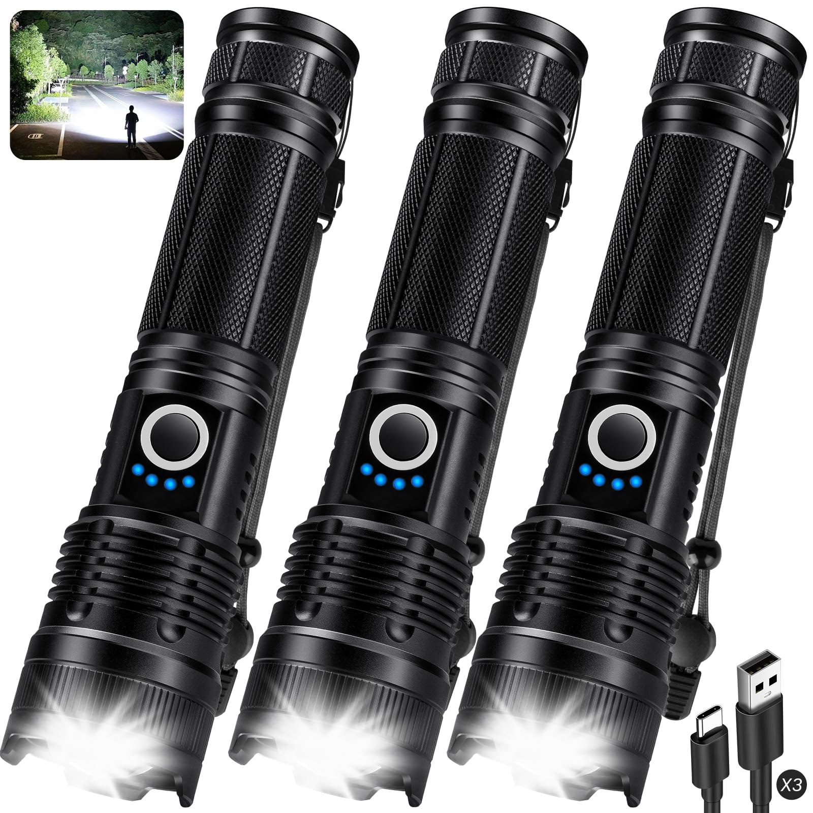 KINGCAESAR 3 Pack Flashlights 90,000 High Lumens - Super Bright Rechargeable Flashlight with 5 Light Modes, IPX7 Waterproof Powe