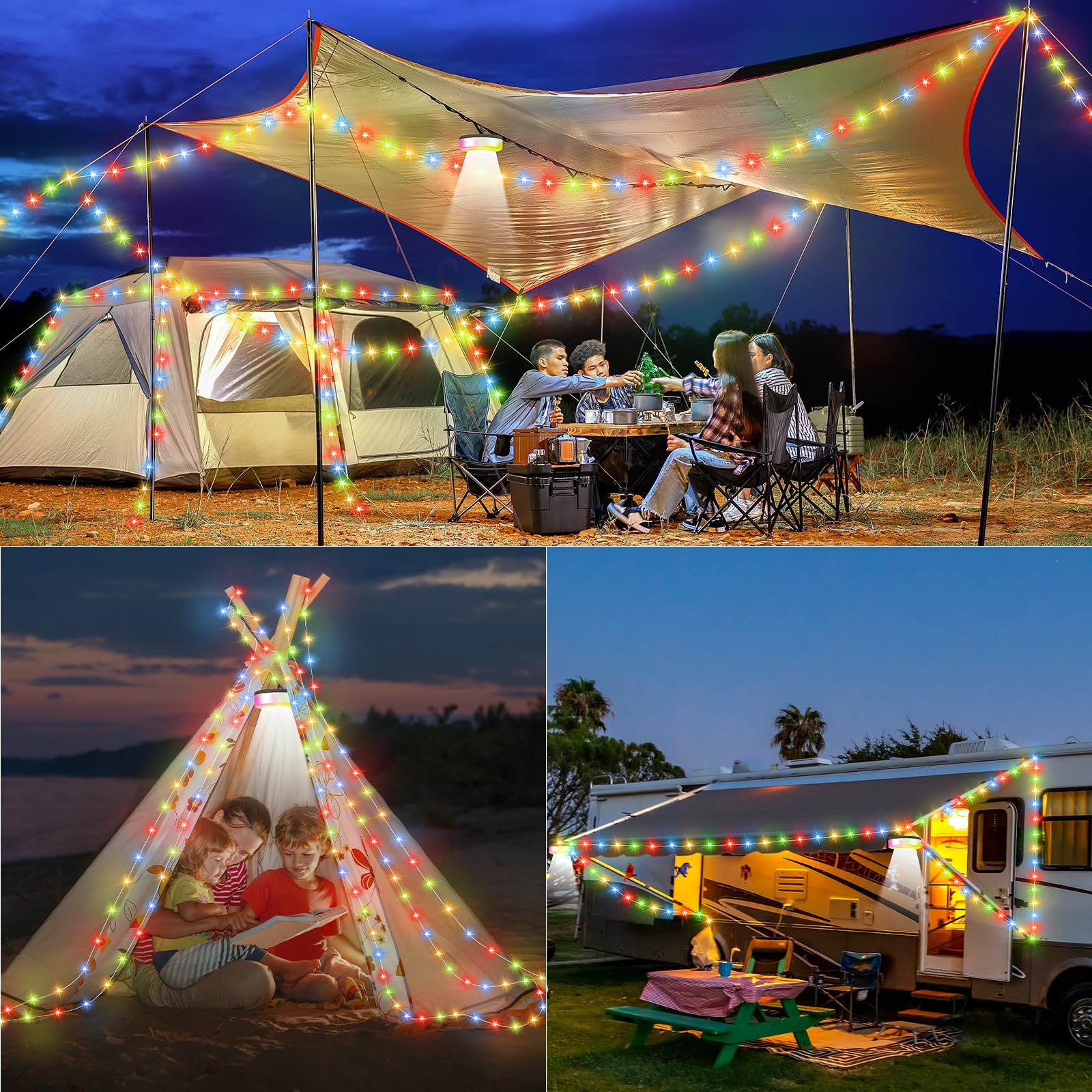 UGDLUCK Camping String Lights, 32.8FT Rechargeable Tent Lamp, 6 Modes, Waterproof, Multicolor, Model CD013