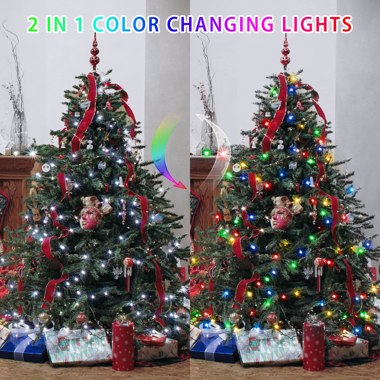 Jmexsuss 2 Pack Color Changing Fairy Lights Battery Operated, 33Ft 100 Led Color Changing Christmas Lights With Remote, 8 Modes Twinkle String Lights For Bedroom Party Decor, Cool White & Multicolor