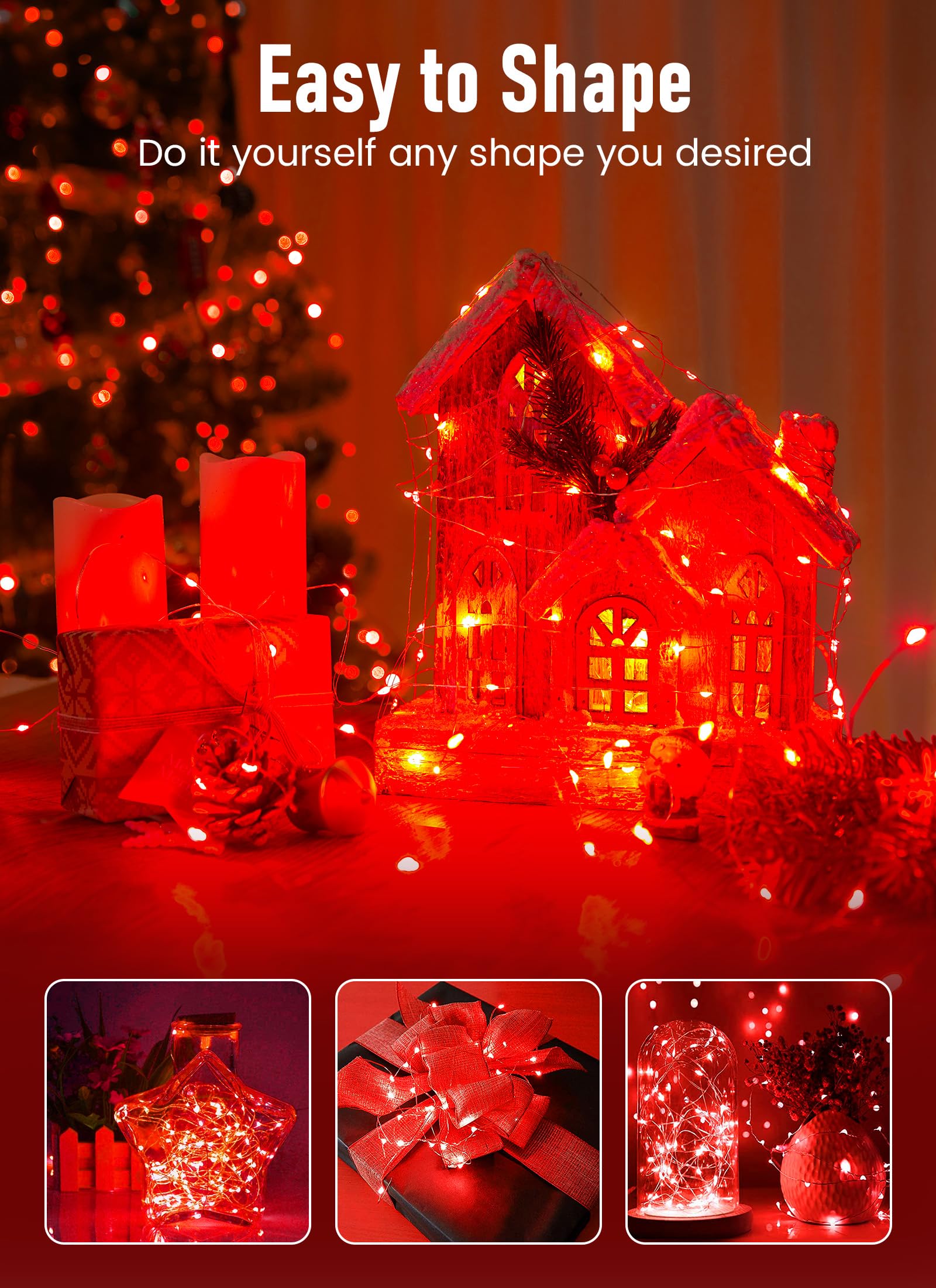 Minetom Fairy Lights Battery Operated, 33Feet 100 Leds Mini Battery Powered String Lights, Waterproof Twinkle Lights Mason Jar Lights For Indoor Home Wedding Christmas Decoration, Red