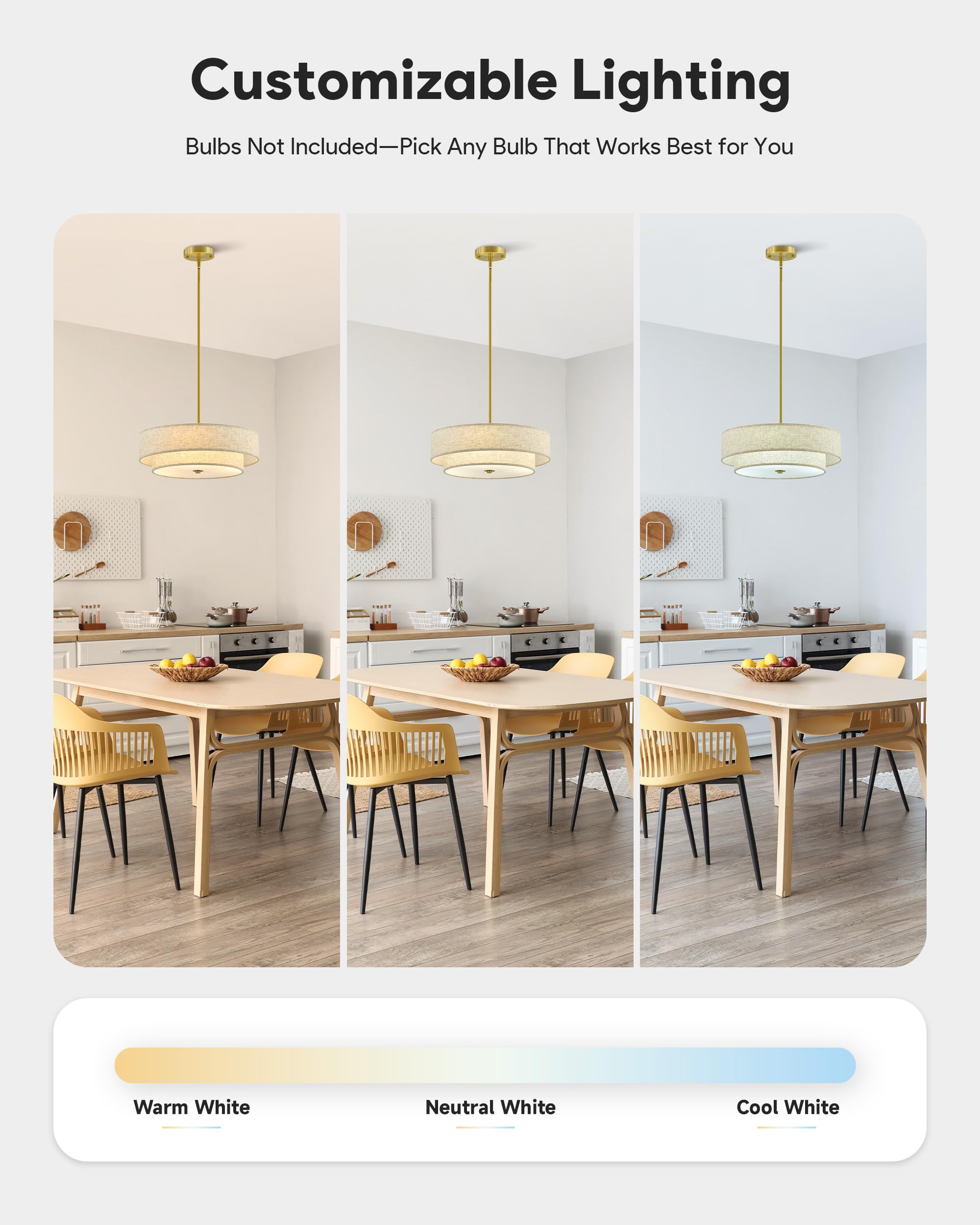 VONLUCE 18" Modern Drum Chandelier, 4-Light Pendant Light Fixture, Gold Fabric Shade, Model HCF1018GD for Dining Room, Bedroom, Living Room
