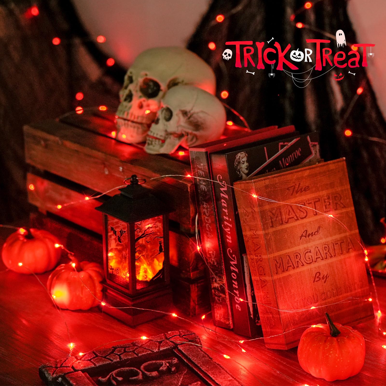 JMEXSUSS 4 Pack 50 LED Red Fairy Lights Battery Operated, 16.1ft Halloween Fairy Lights, Red String Lights for Bedroom Wedding P