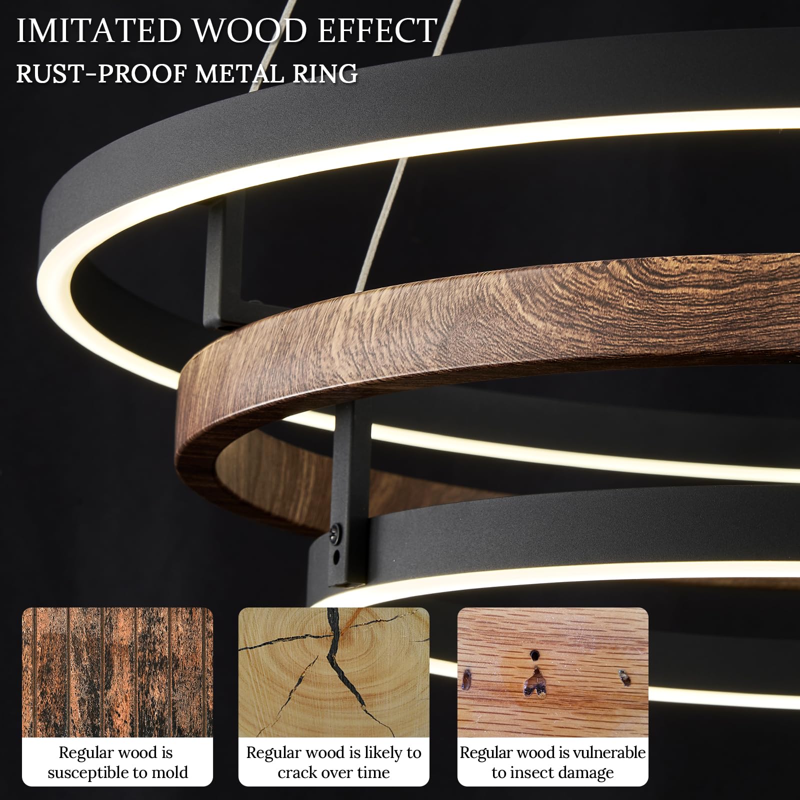 CaraLuxe 3 Ring LED Chandelier Black Walnut Wood 31in Dimmable Light Fixture for Foyer Dining Room Bedroom Office