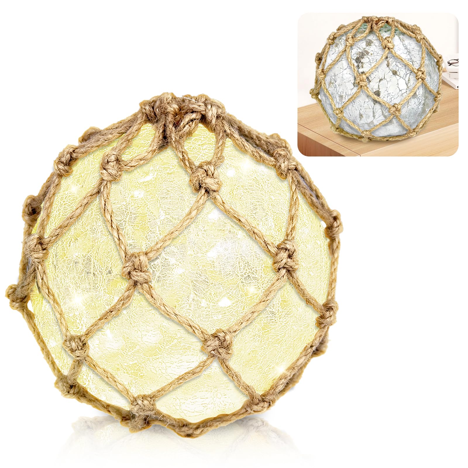 5.91 Glass Fishing Float Night Light - Cracked Glass Ball, Battery Powered Nautical Lamp for Coastal Beach Decor