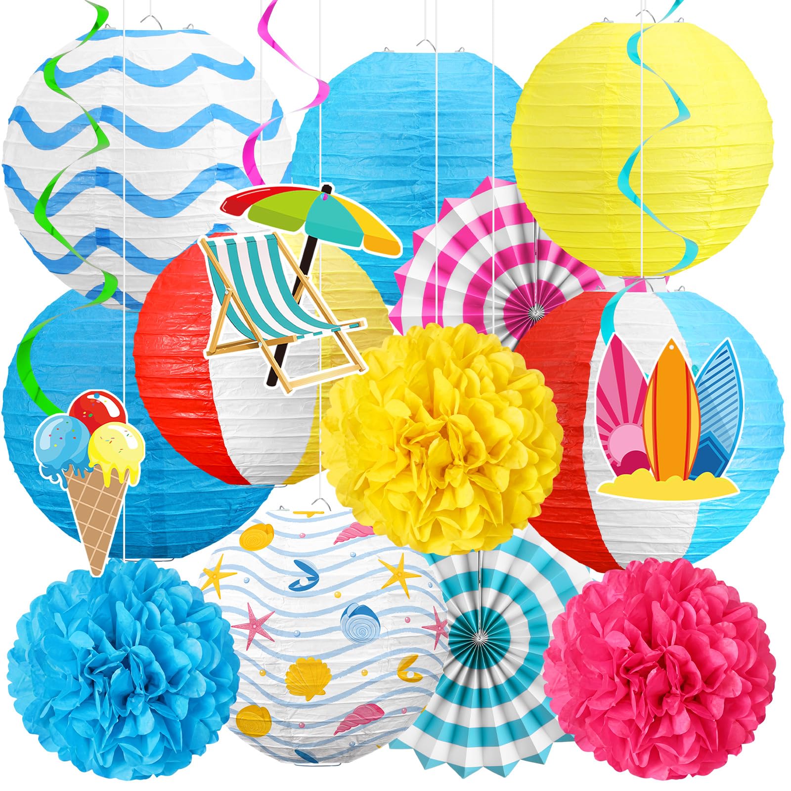 Flutesan 16 Pcs Summer Beach Decorations Ice Cream Surfboard Pool Themed Hanging Decor Colorful Paper Lanterns Fans Poms Flowers