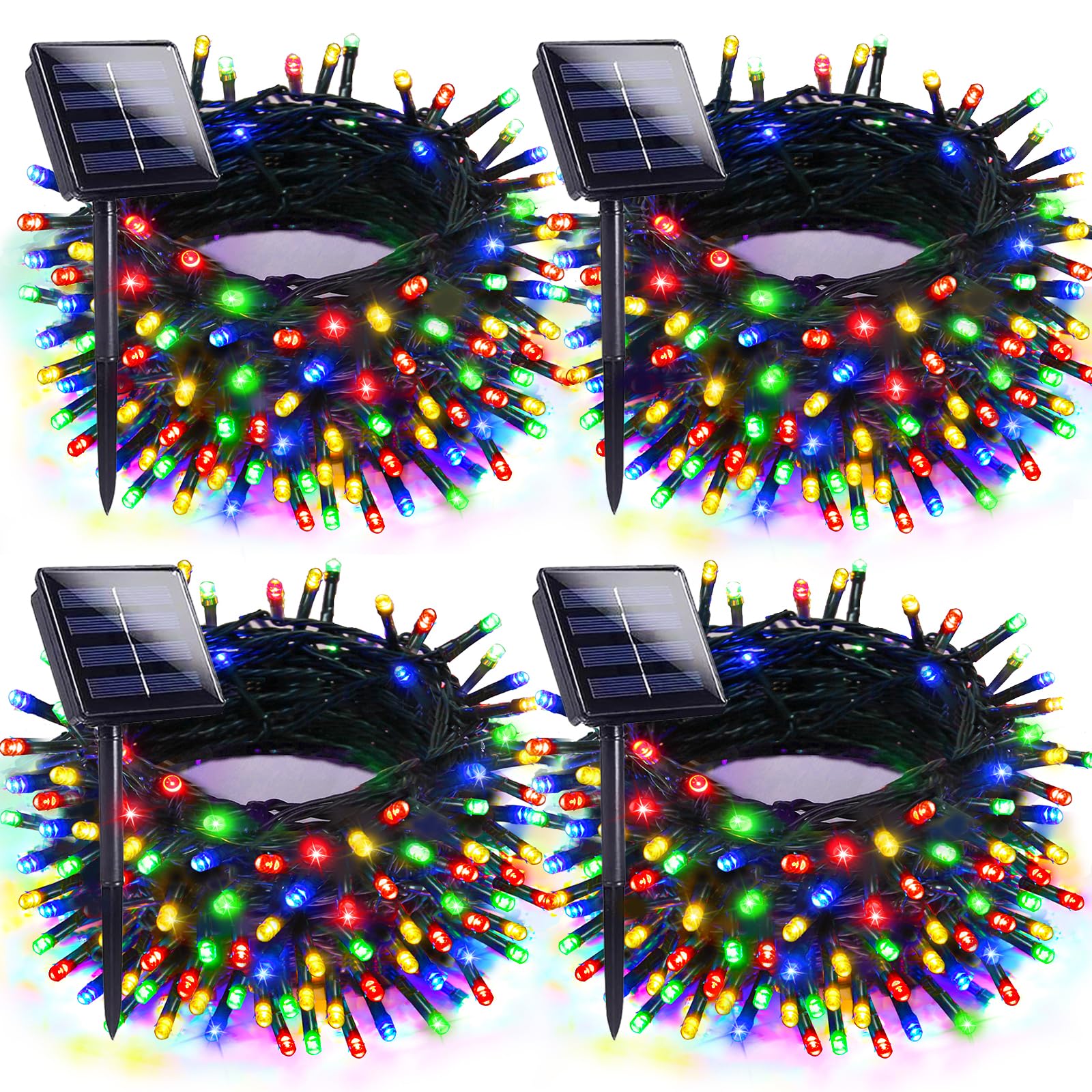 EXF 4pk Solar Christmas Lights, 400 LED, 132 FT, Waterproof, Multicolor, Green Wire, 8 Modes, for Outdoor Decorations
