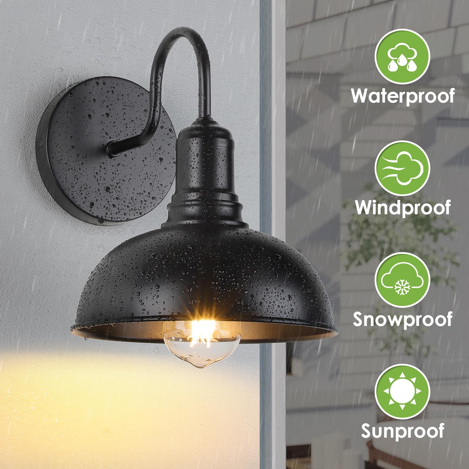 MATAMEYE Outdoor Wall Sconce, Waterproof Black Gooseneck Barn Light Fixture, 2 Pack, Anti-Rust Iron Garage Lantern, Model GS3401-BK