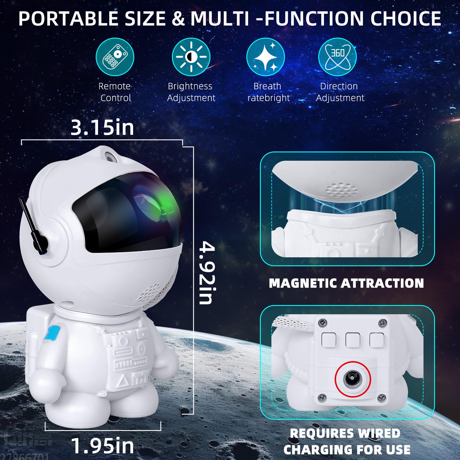 WSKVEZZA Astronaut Galaxy Projector - LED Nebula Star Projector, 8 Modes, Remote Control, White, Model HR-F2, Kids Bedroom Gift