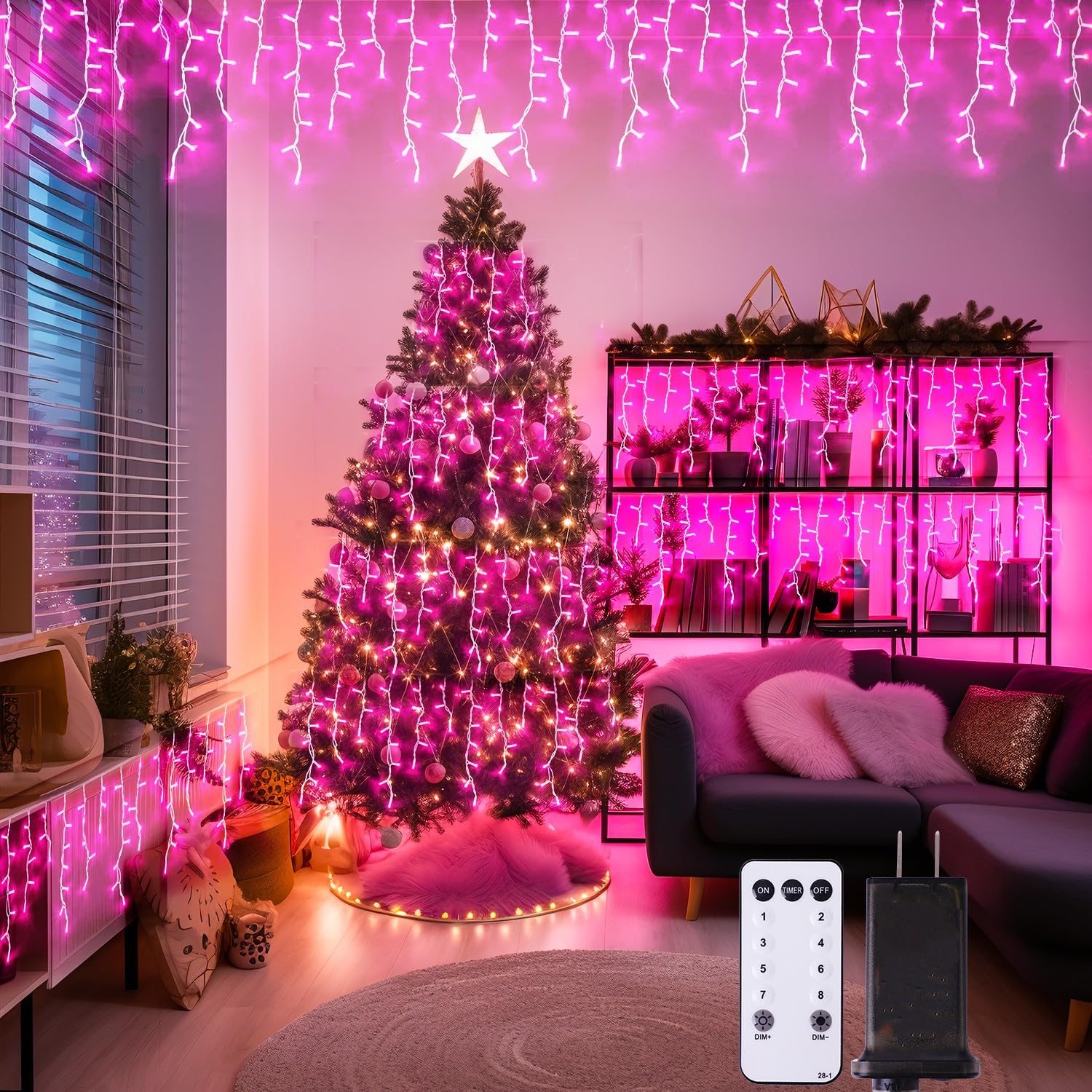 JMEXSUSS 400 LED Pink Christmas Lights, Remote Control, Water-resistant, 38.8FT, Model EXS-I-0400-R, Indoor Outdoor Valentine Decor