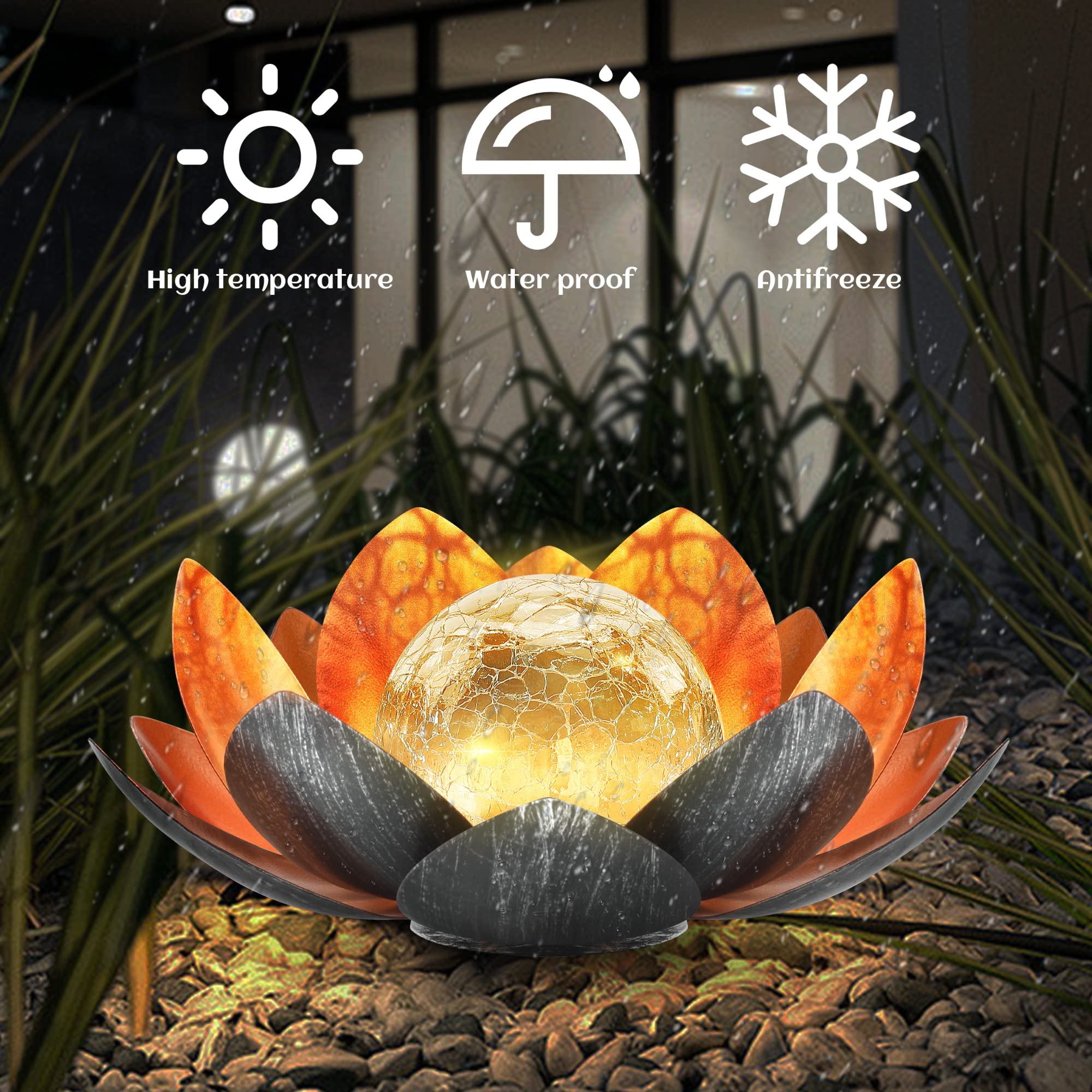 QZHP Outdoor Solar Lights,  le Glass Globe, Waterproof Metal Lotus, Copper, Model HP001