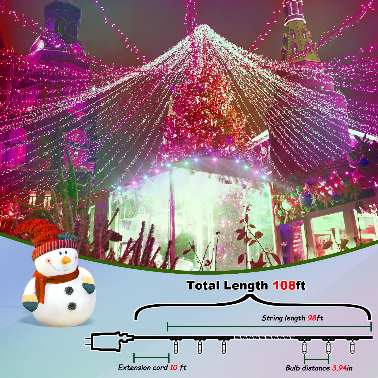 ILLUMINEW 500 LED Multi Color Outdoor String Lights, Waterproof, 174 Ft, 8 Modes, Copper, Model JT-ELFC300V0120-C