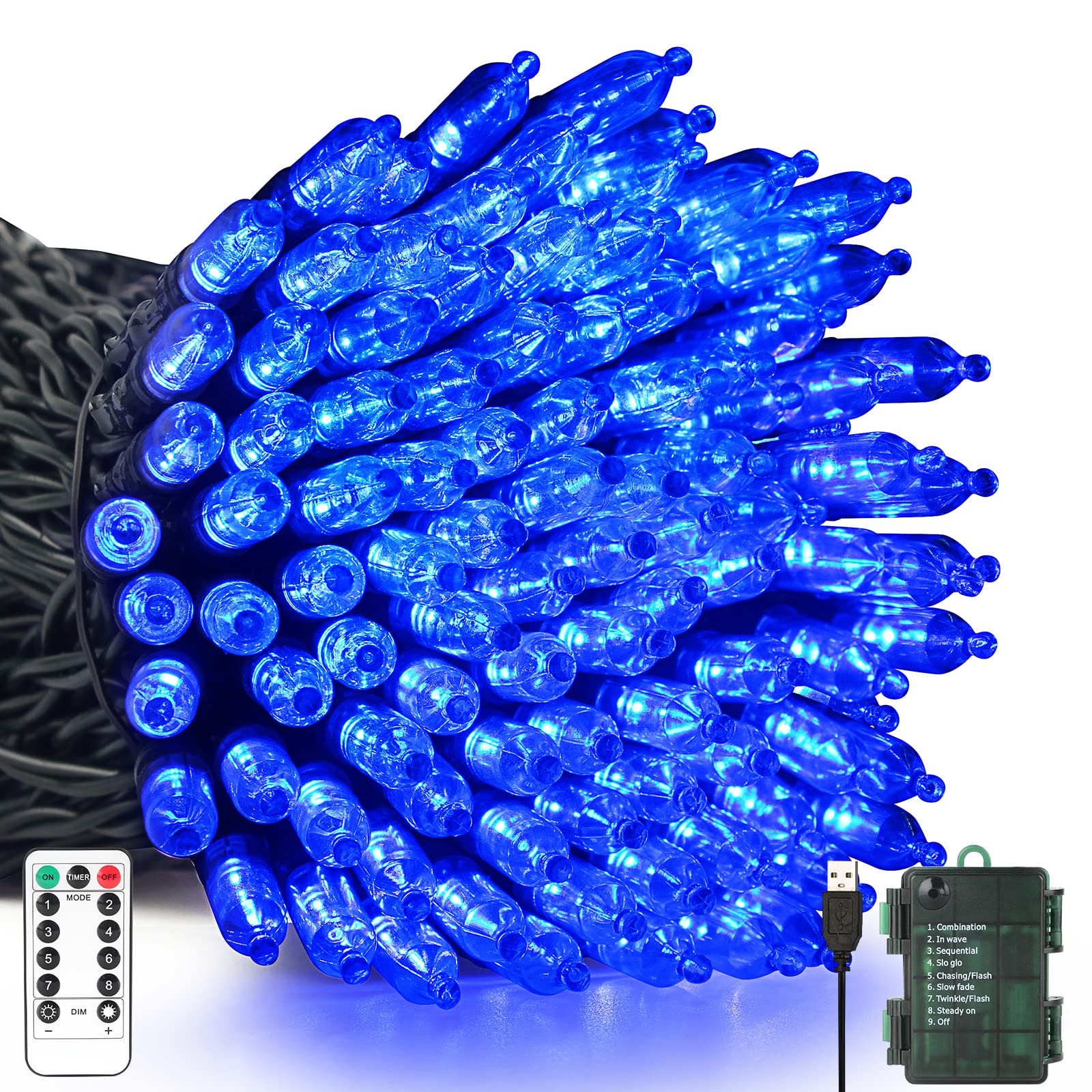 Tcamp Christmas Lights, 33FT 100 LED, Blue, Battery Operated or USB, Remote Timer, 8 Modes, Model QL300AE