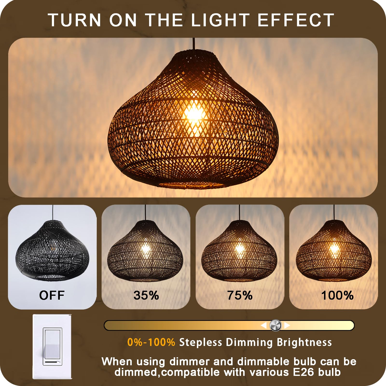 Karjear Black Rattan Chandelier, 16.5&quot; Hand-Woven Pendant Light For Dining Room & Kitchen