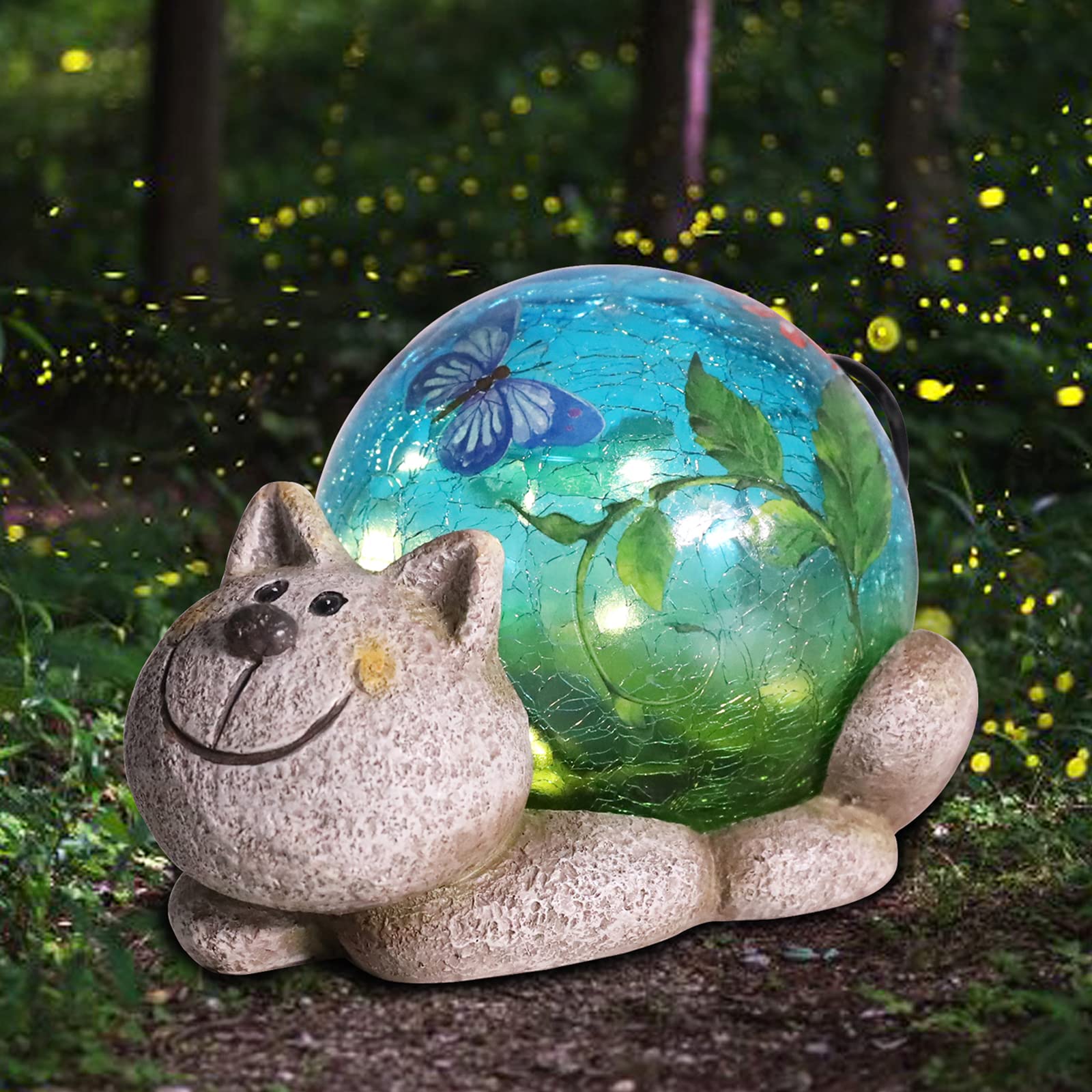 Afirst Solar Cat Garden Statue - Cracked Glass Outdoor Decor With Lights For Patio & Yard