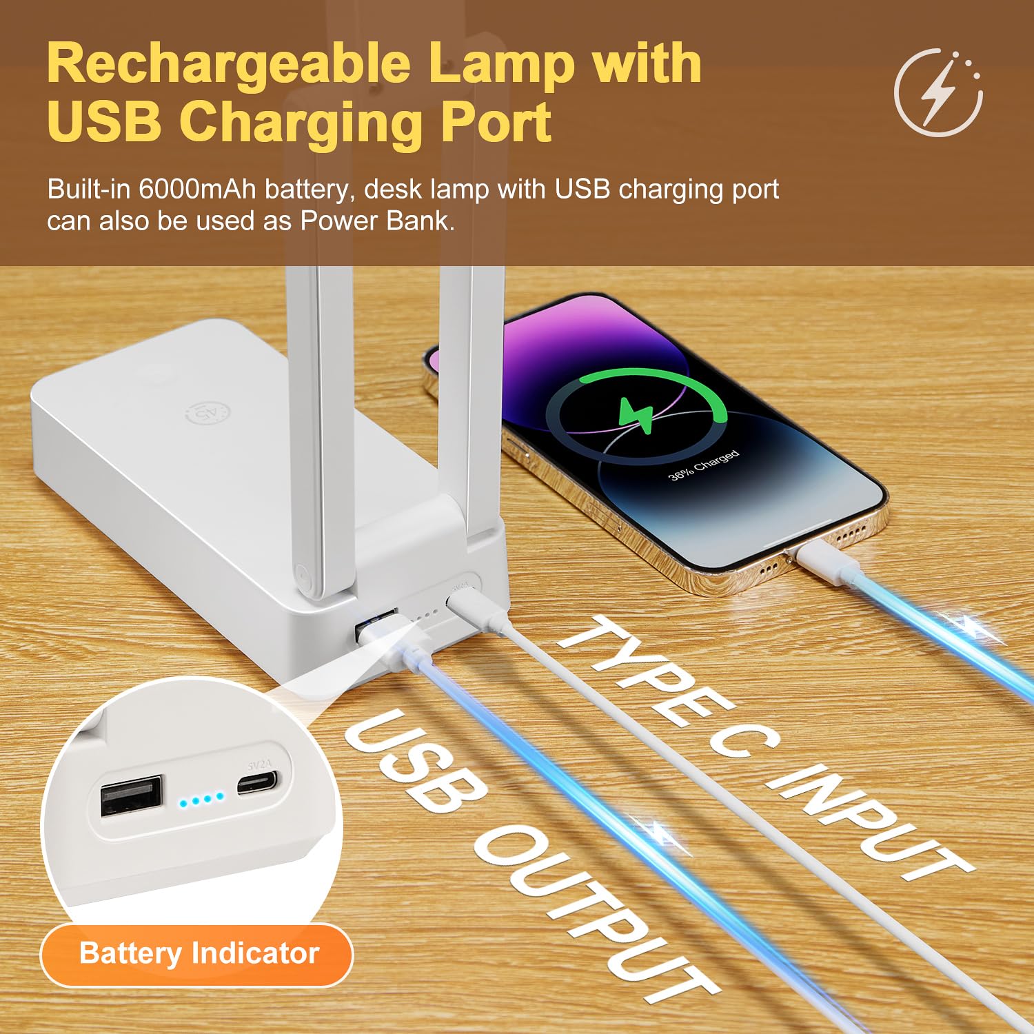 Rechargeable Lamps Cordless Lamps,6000Mah Small Battery Operated Lamp,3 Colors+Dimmable Desk Light,Small Desk Lamp With Usb Char