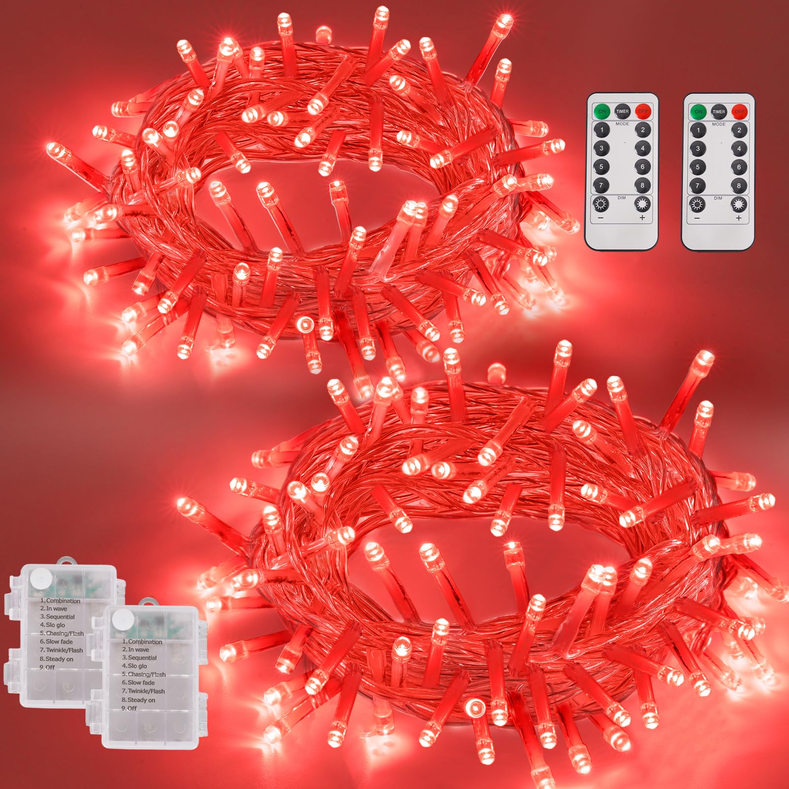 YEGUO Christmas Lights Battery Operated, 2 Pack Each 33ft 100 LED Red String Lights Outdoor Waterproof, Clear Wire Fairy Light I