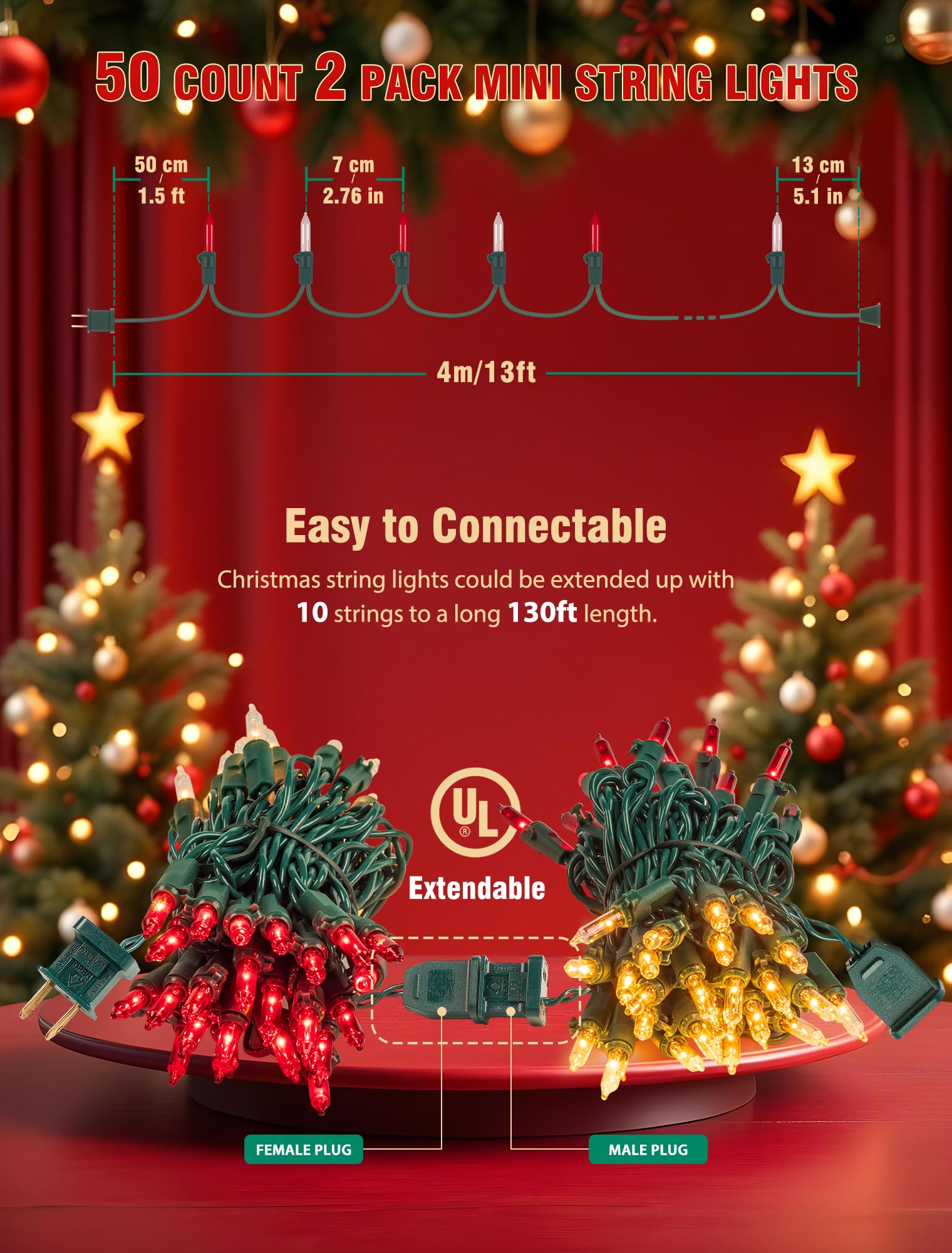 Hopolon Christmas Lights Indoor Outdoor  2 Pack 13 Ft 50 Count Incandescent Mini String Light  Green Wire Christmas Tree Lights Waterproof For Holiday Wedding ValentineS Day Decor  Red And Clear