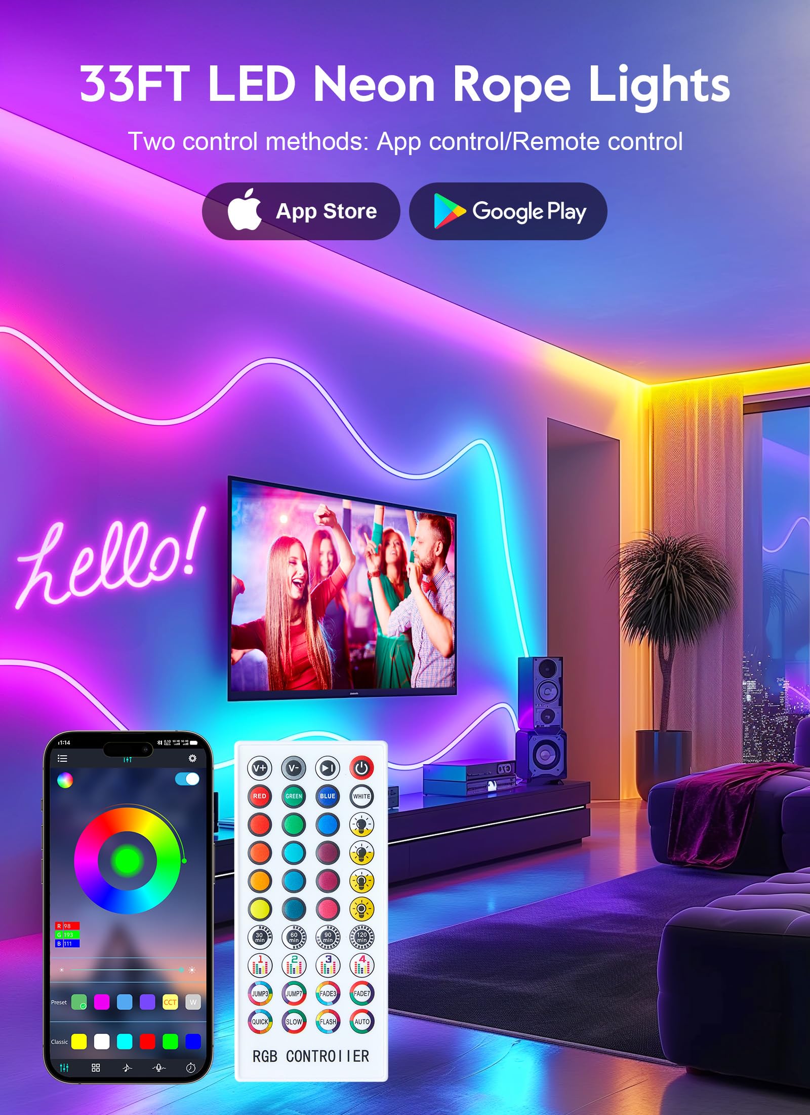 33Ft Led Neon Strip Lights, Rgb 840Led Rope Lights, Control With App/Remote, Ip68 Waterproof Flexible Outdoor Led String Lights,