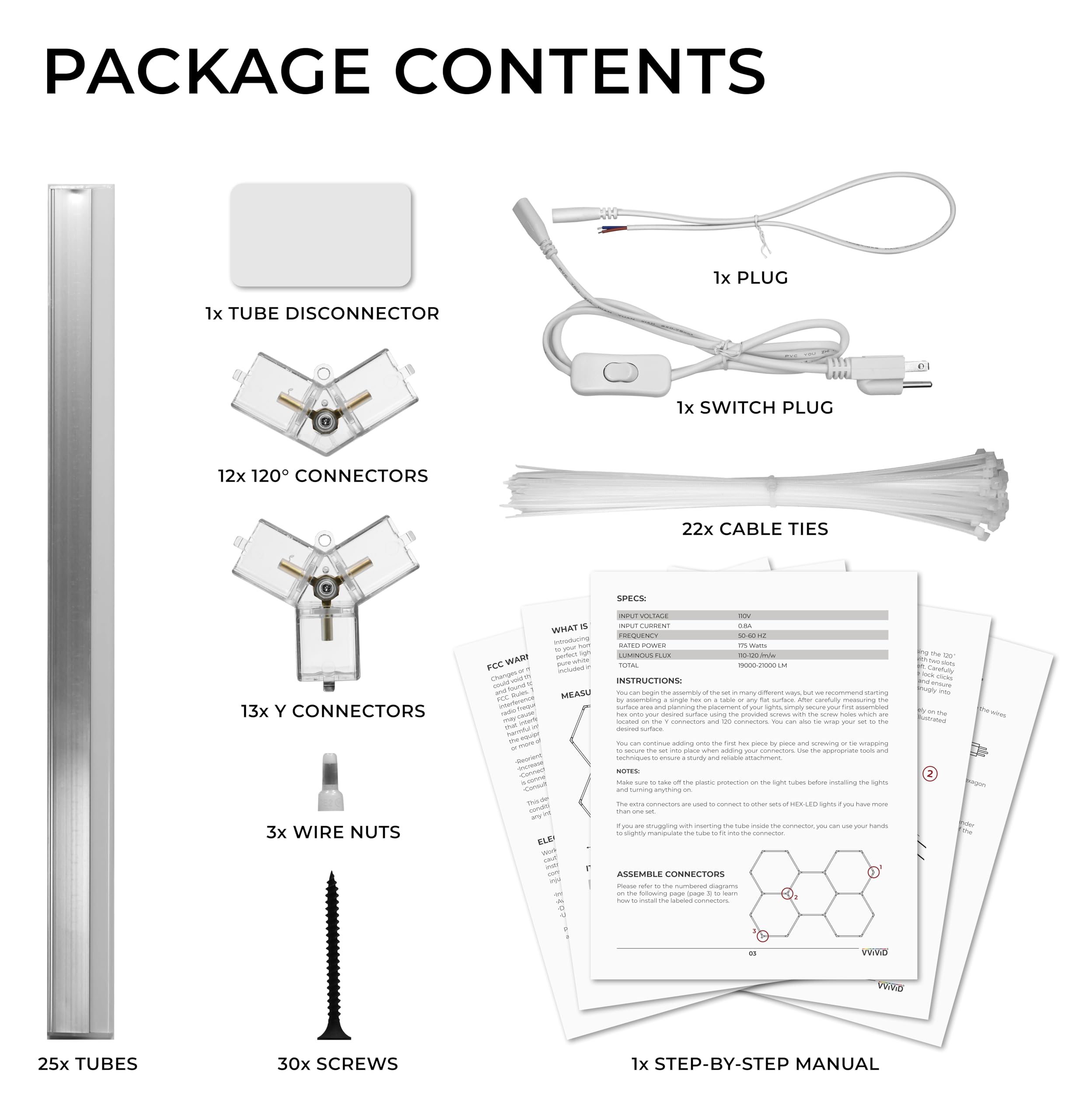 VViViD HEX-LED Modular Garage Lights 25 Tubes Kit, 19000-21000LM, 145W, Aluminum, White, Model VVHEXLED25Tube