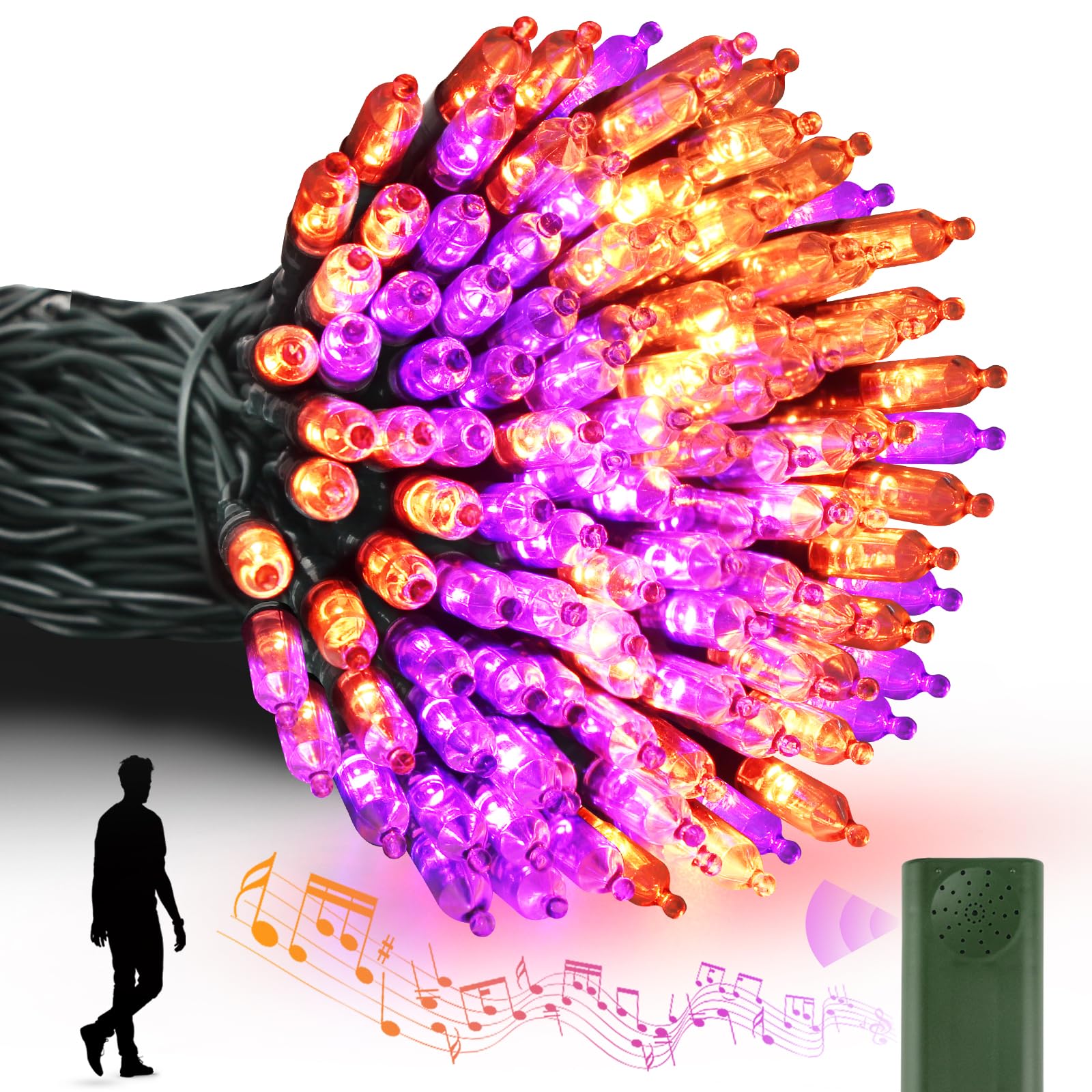 Tcamp Halloween String Lights, 33FT 100 LED, Motion Activated, Orange Purple, Model QL300AE, Music Sync, 6 Lighting Modes