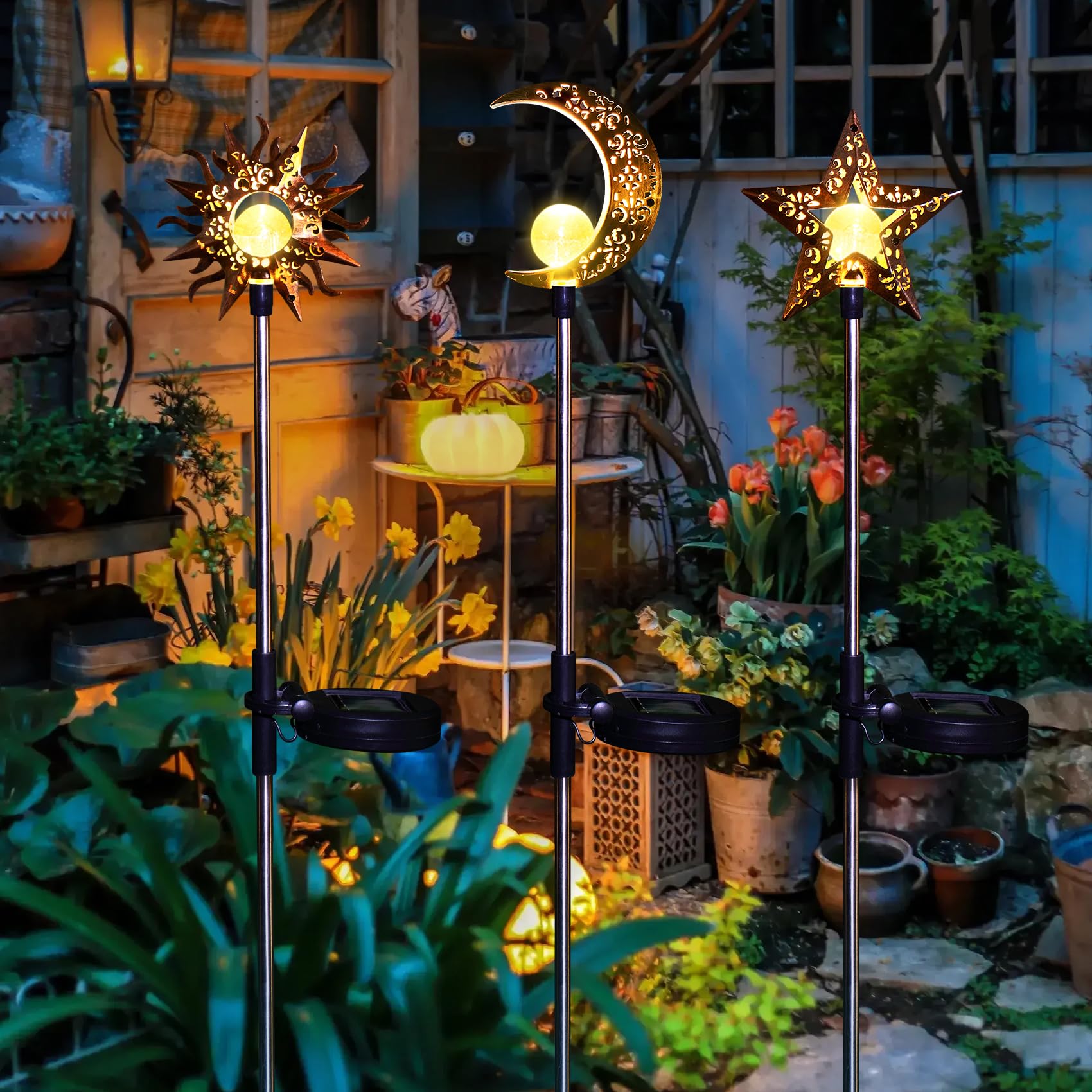 Tryme Solar Lights Outdoor Garden Decorations Sun Moon Star Stake Light Decorative Waterproof Warm White Led Yard Decor For Pathway Lawn Patio Courtyard Backyard
