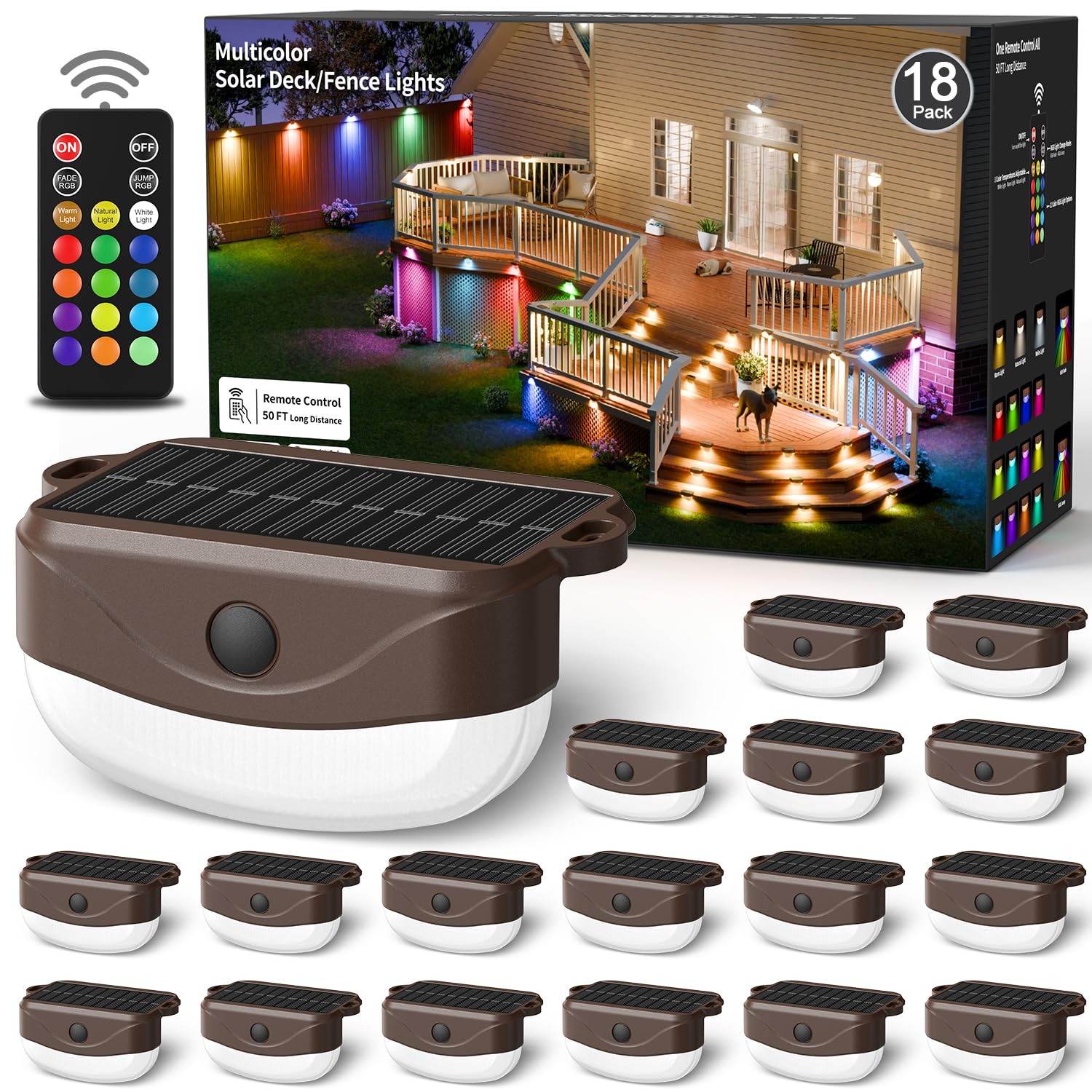 Hicotet Solar Fence Lights, 15 Multi Colors, Remote Control, IP67 Waterproof, 18 Pack, Brown, Model LNM-WLD-01