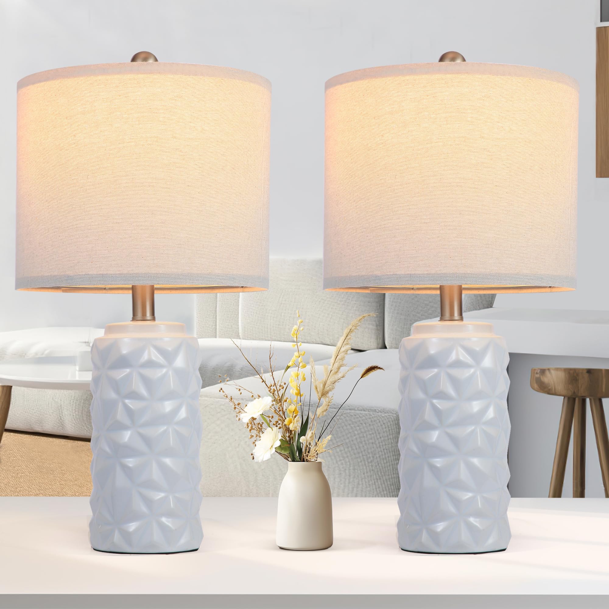 iKopyal 22'' White Modern Ceramic Bedside Lamp Set of 2 for Bedroom Decor Farmhouse Table Lamp for Living Room Office Dorm