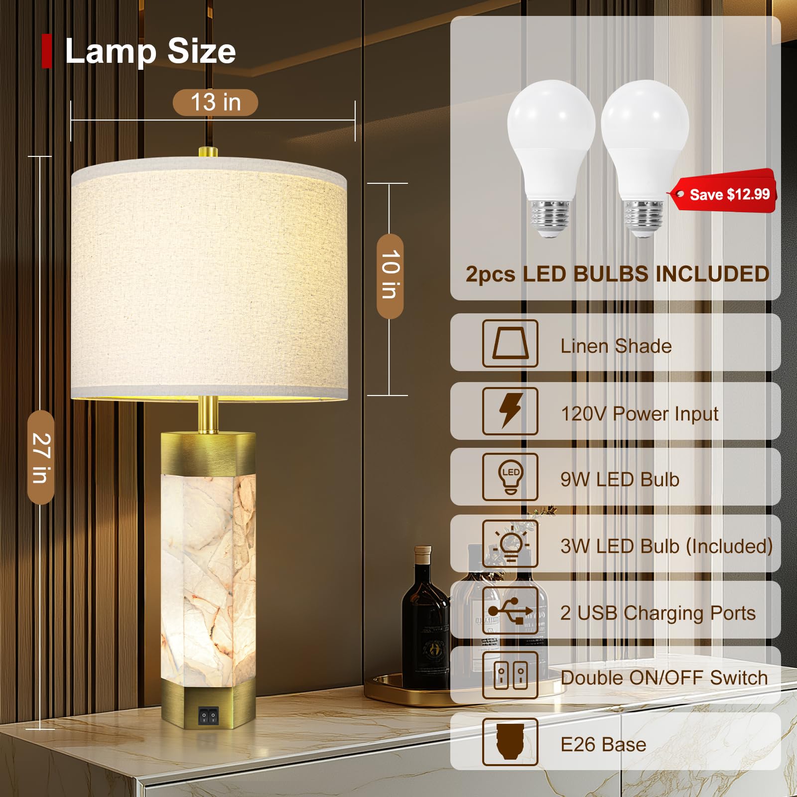 Natural Alabaster Table Lamps Set Of 2,Table Lamp With Night Light For Living Room,Nightstand Lamp With Usb Ports,Bedside Lamp W