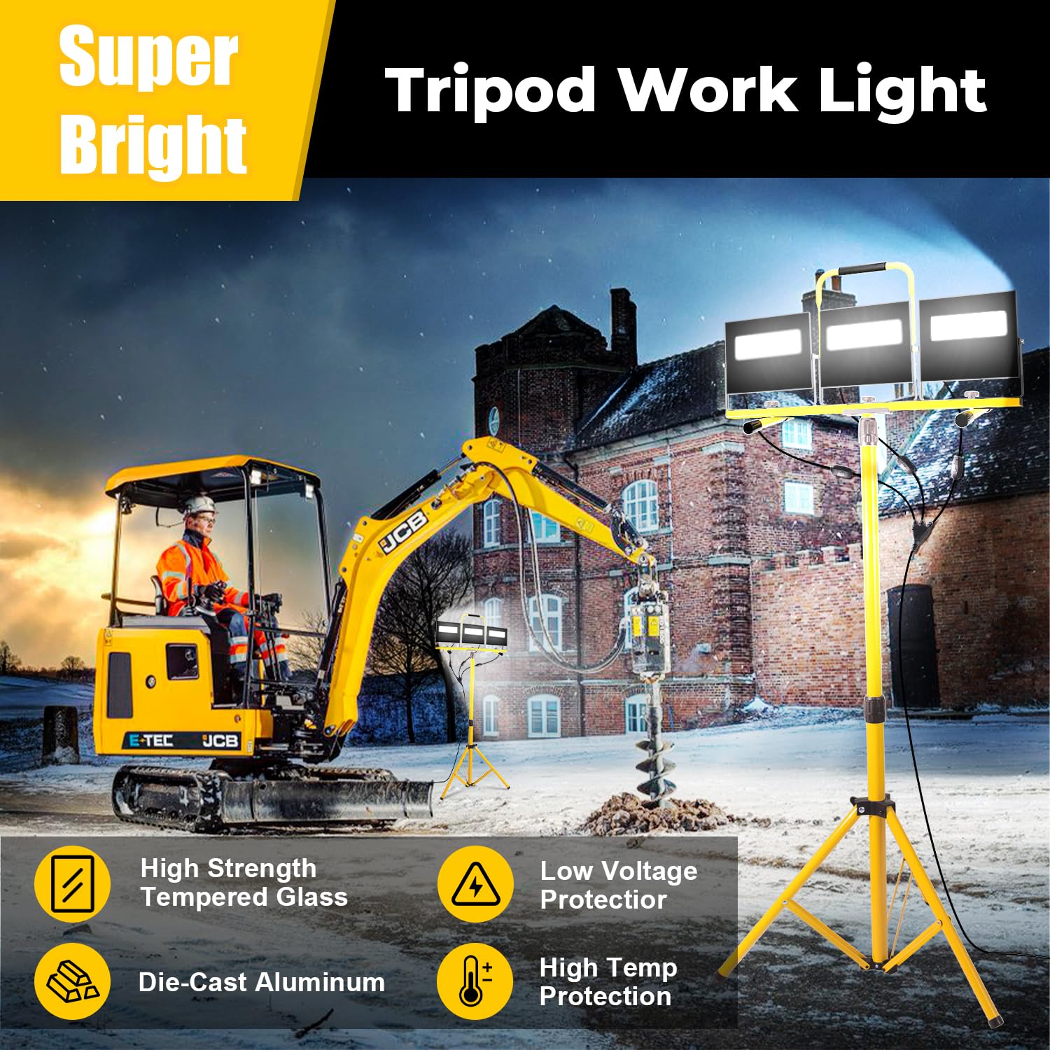 RIUVAO 54000 Lumen LED Work Lights with Stand, IP67 Waterproof, Adjustable Heads, 16FT Cord, Yellow, Model TWD300