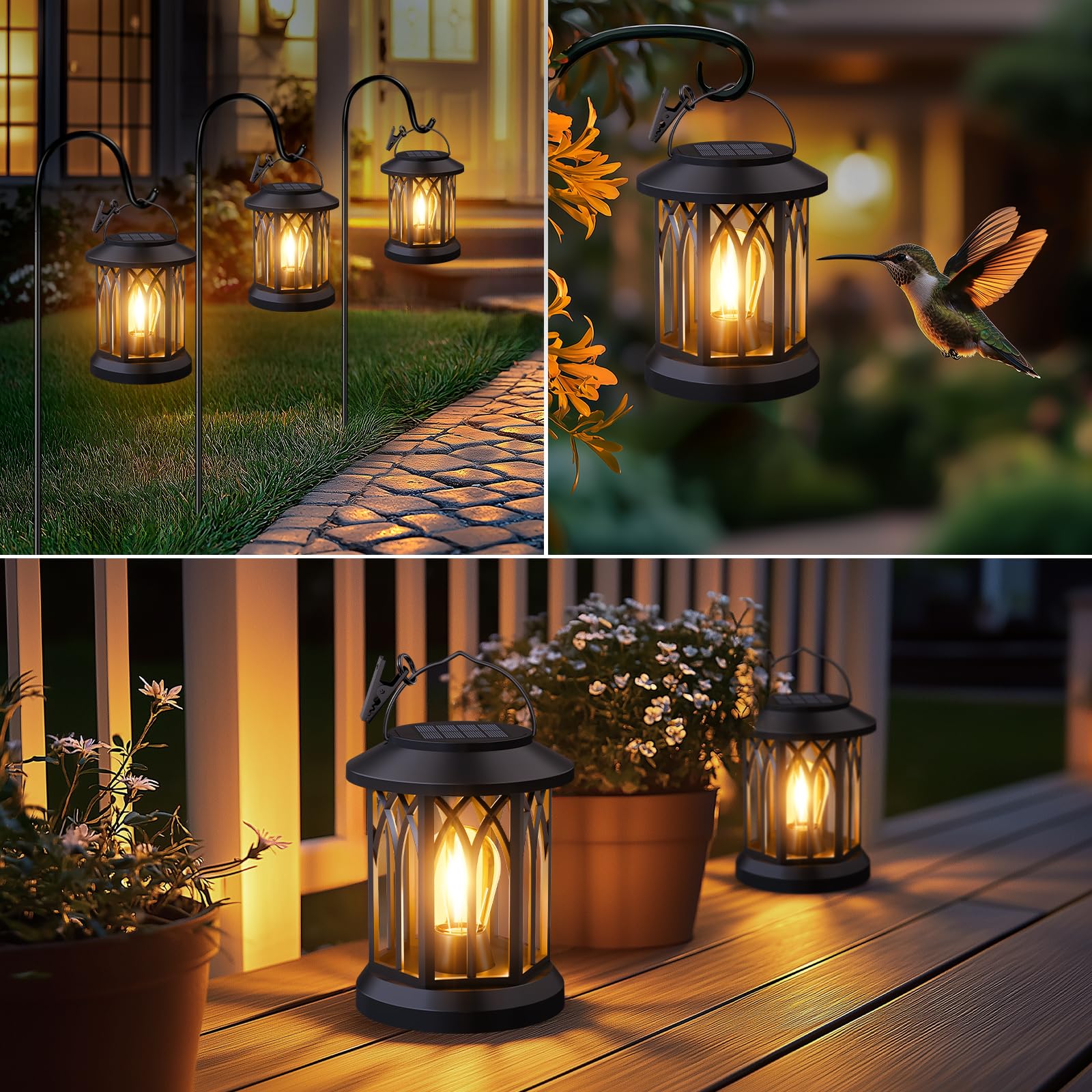 SIMLIX Hanging Solar Lanterns - 2 Pack Waterproof Outdoor Patio Decor, Black ABS, Clip-On Design for Garden & Family Gifts