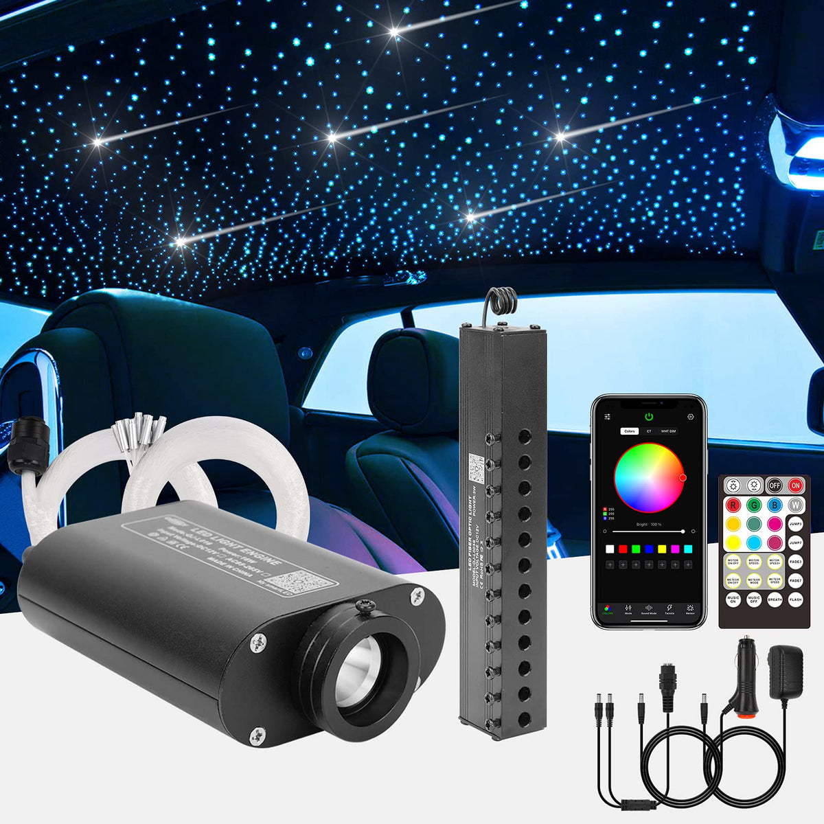 Chinly Meteor 16W 550Pcs 0.03In 13.1Ft Car Use Bluetooth Rgbw Led Fiber Optic App/Remote Music Mode Headliner Light Kit+ Shooting Star Kit +Adapter+Cigarette Lighter(Non-Twinkle)