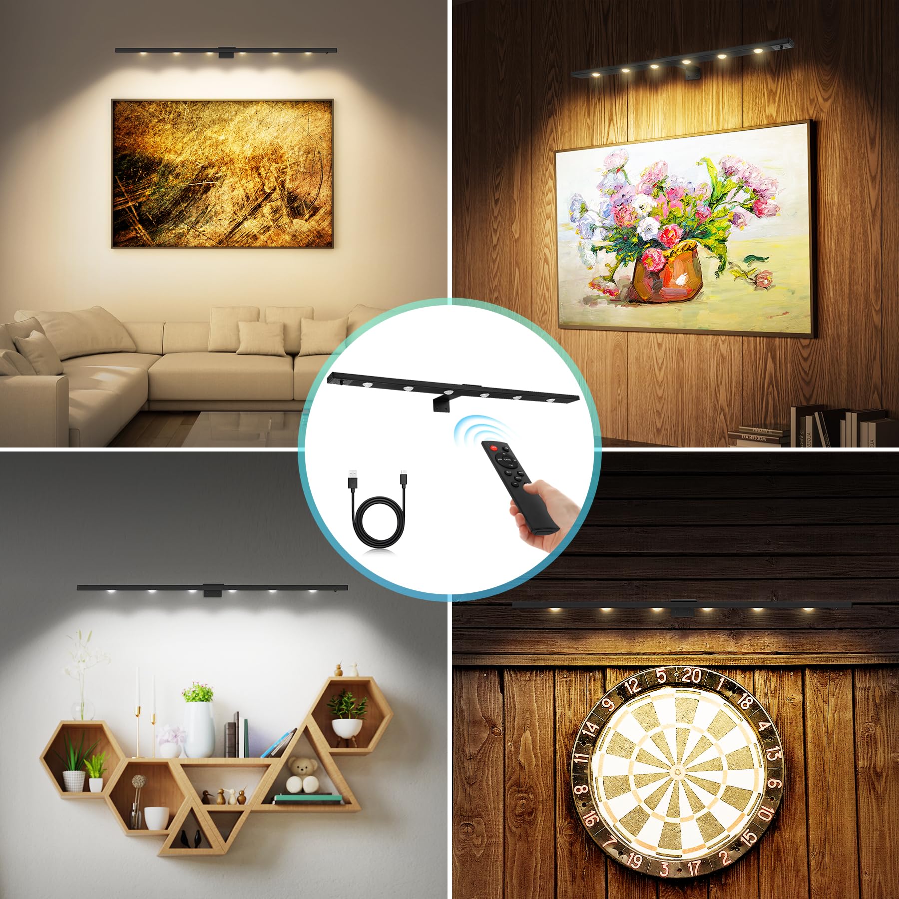 Tintindoc 22''Wireless Led Picture Light Battery Rechargeable 6000Mah Full Metal,Painting Light For Wall With Remote Control,3 Lighting Dimmable Timer Off, Art Light For Display Wall Picture, 400Lm
