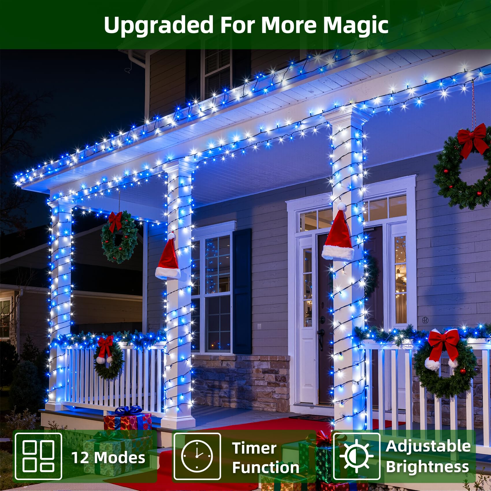 300Led Chrstmas Lights  75Ft Indoor Outdoor Christmas String Lights With 12 Modes  Blue Cool White Led String Lights With Timer Dimmable Waterproof For Tree Fence Wedding Party Decor Blue & White