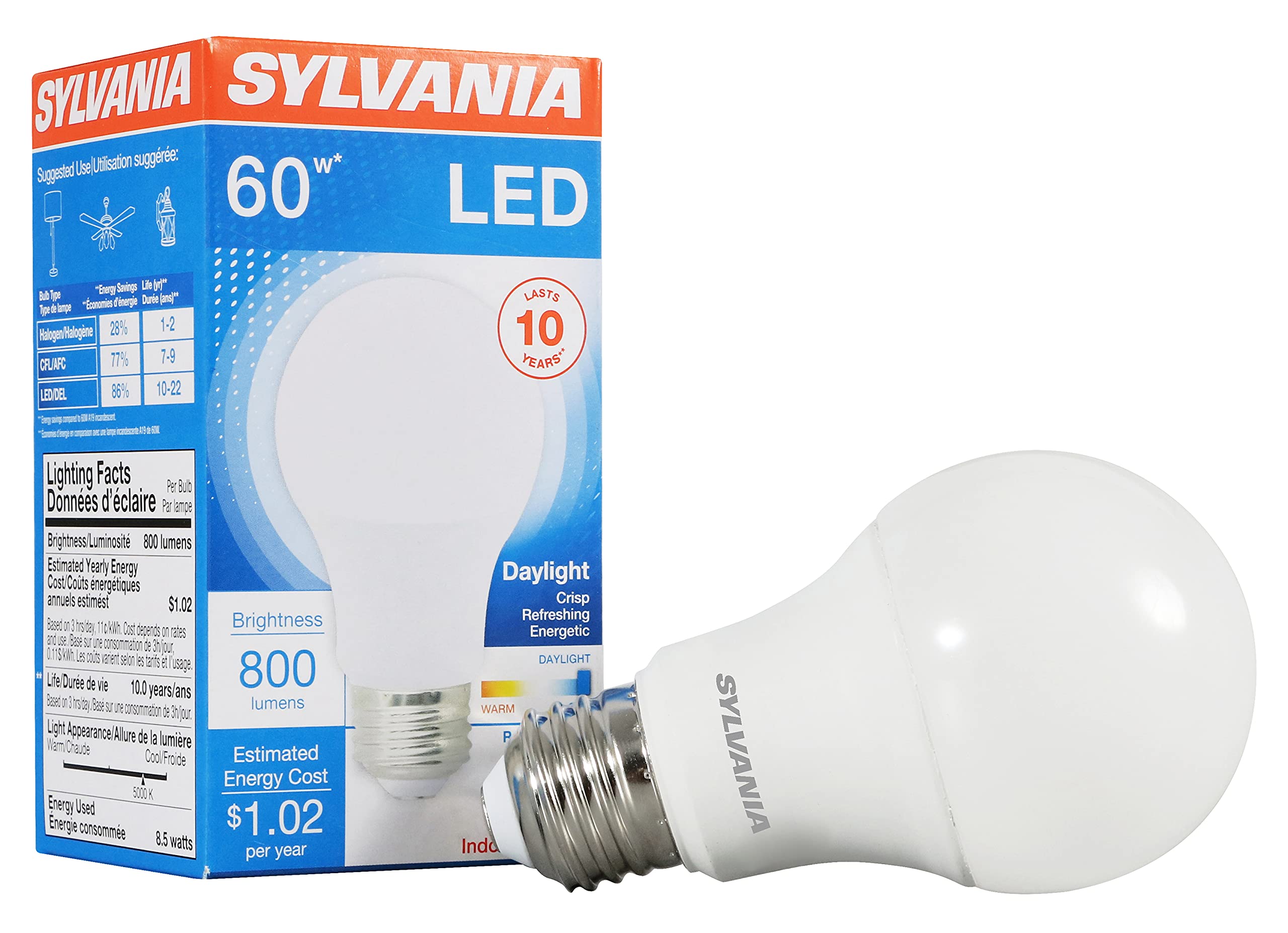 Ledvance Sylvania 60W Equivalent A19 Led Light Bulb, 8.5W, Daylight, Frosted Finish, 800 Lumens, 1 Pack (Model 