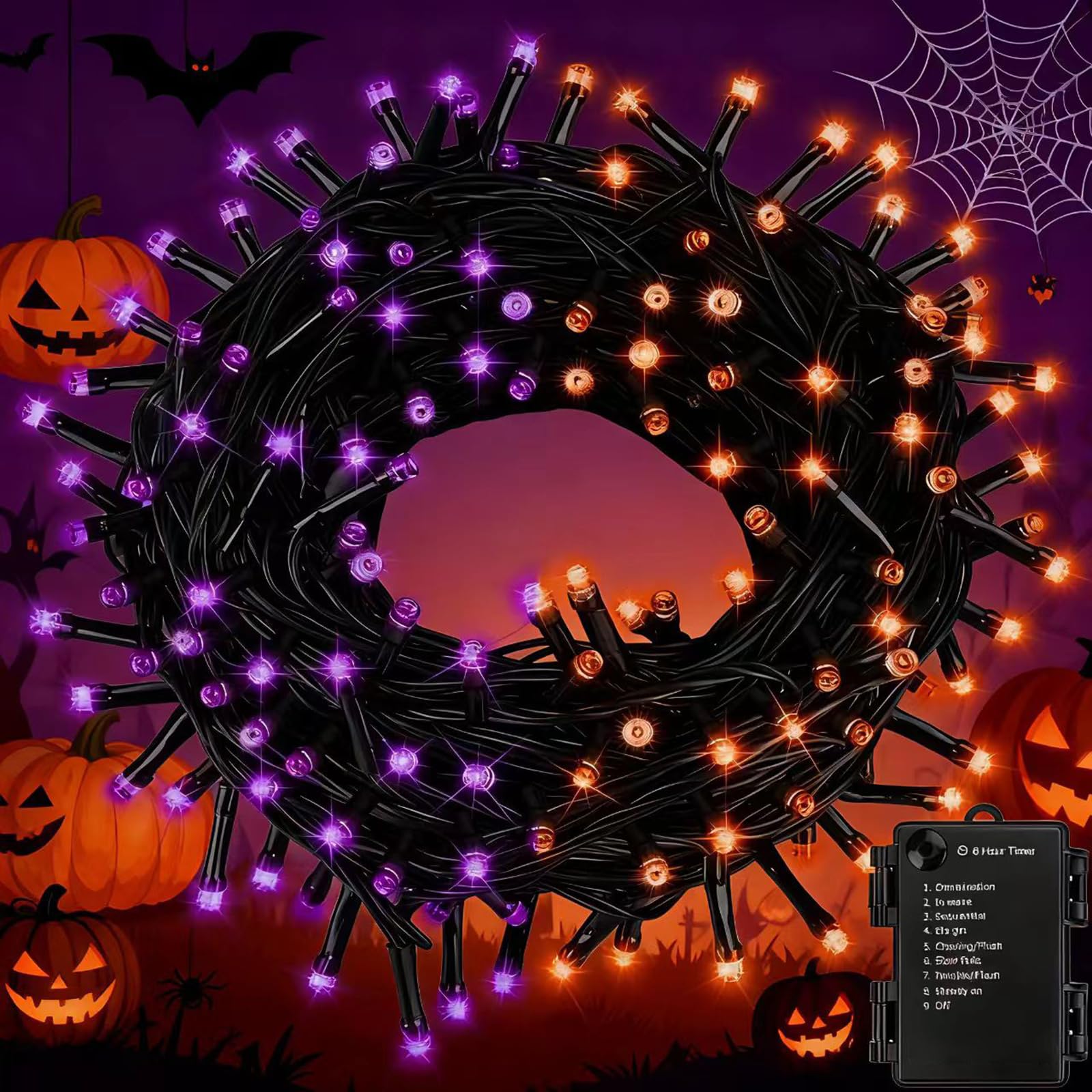 FairyGlim Purple&Orange Halloween Lights, 33FT 100 LED Outdoor String Light with Timer & 8 Modes, 3AA Battery Operated Waterproo