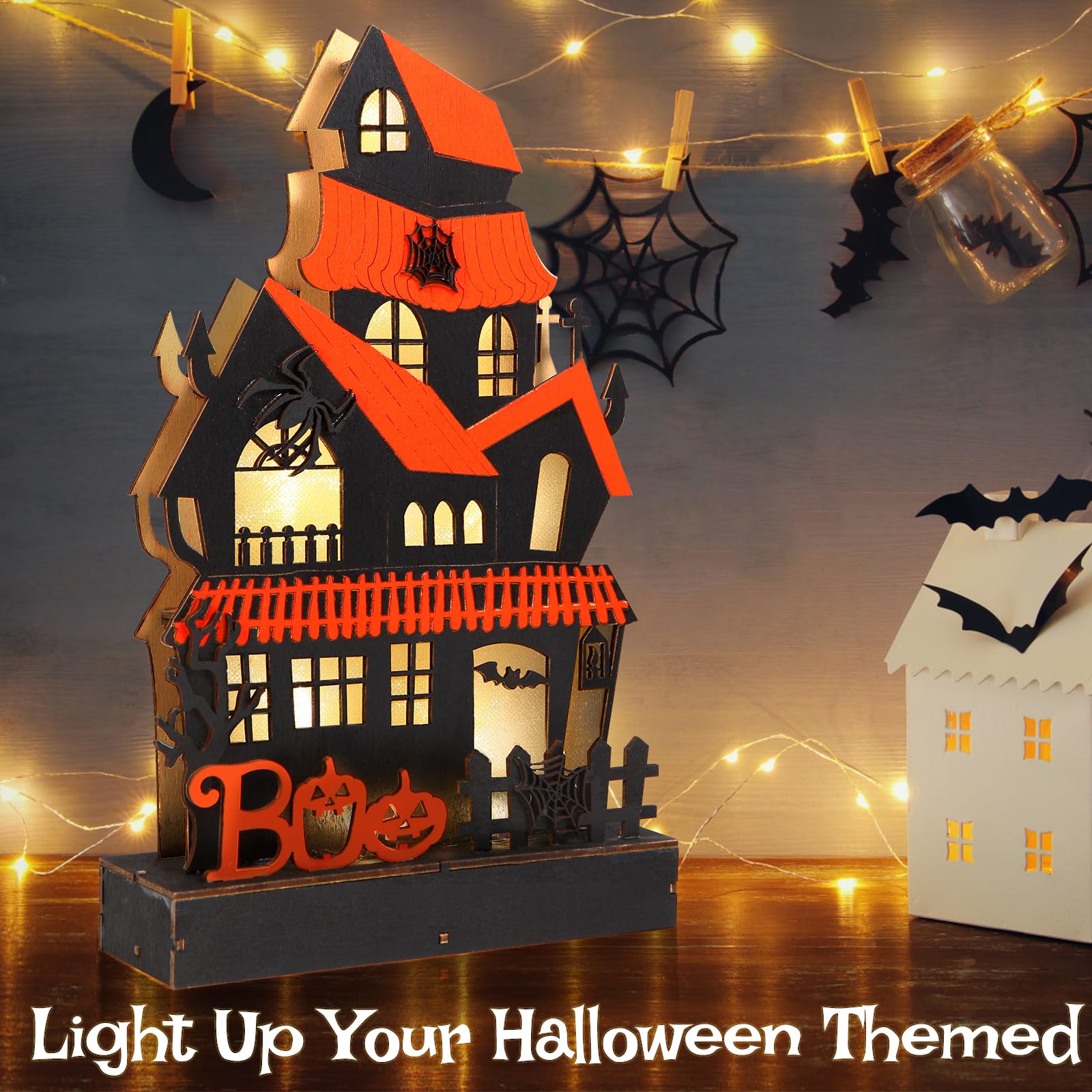 Halloween Decorations Indoor Haunted House Lights, Wooden Halloween Tabletop Decoration For Home, Battery Operated Light Up Halloween Decor For Desk Table Fireplace Room Halloween Party Decoration