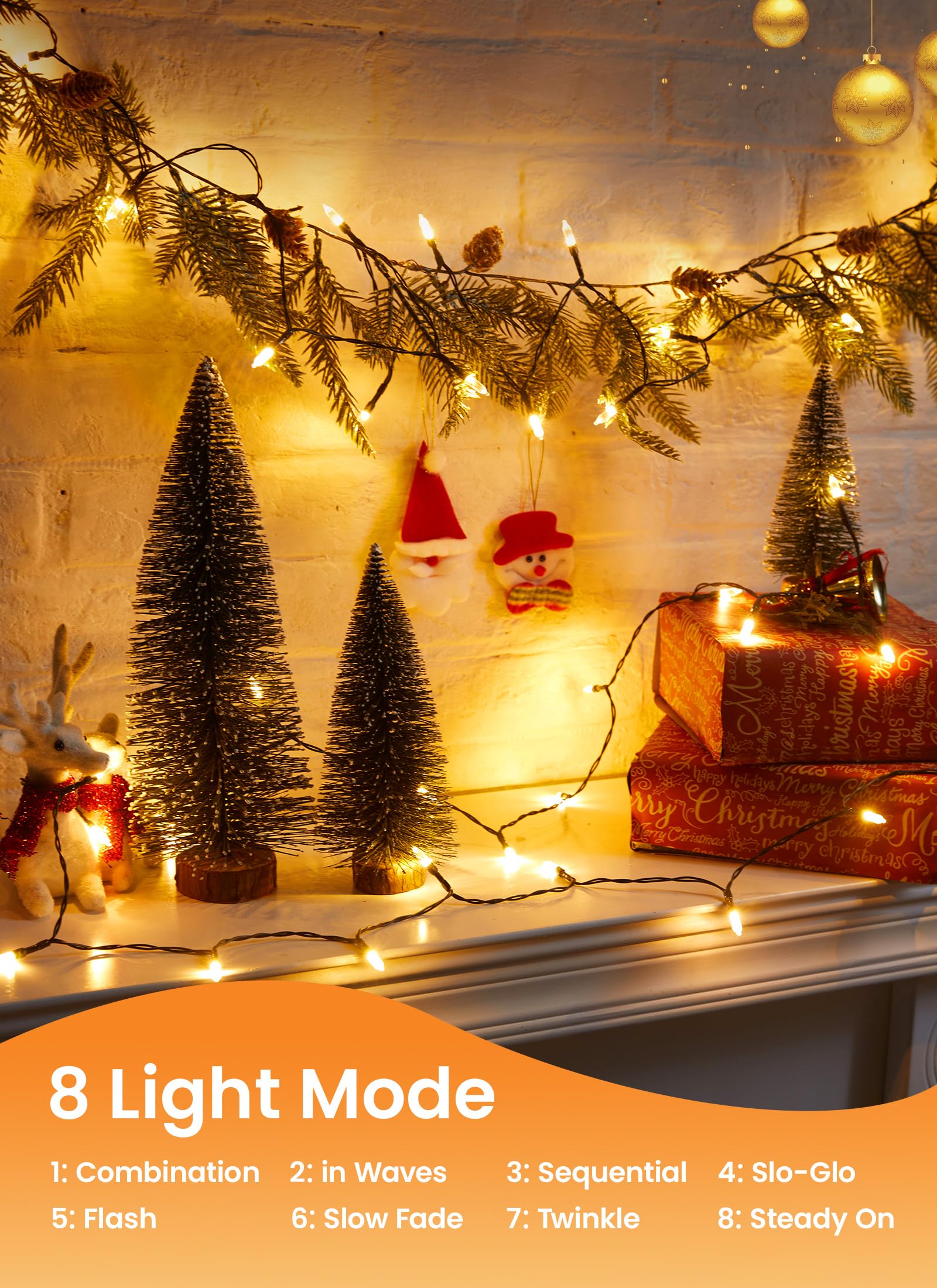 Brightown LED Mini Lights, 100 Clear Bulbs, 39ft, 8 Light Modes, Warm White, Green Wire, Model DMO-S-100