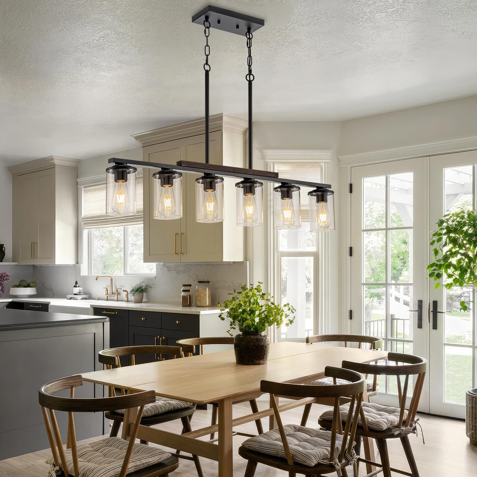 Alynzee Farmhouse Dining Room Light Fixture, 6-Light Kitchen Island Lighting Black And Rustic Wood Chandelier Over Table Adjusta