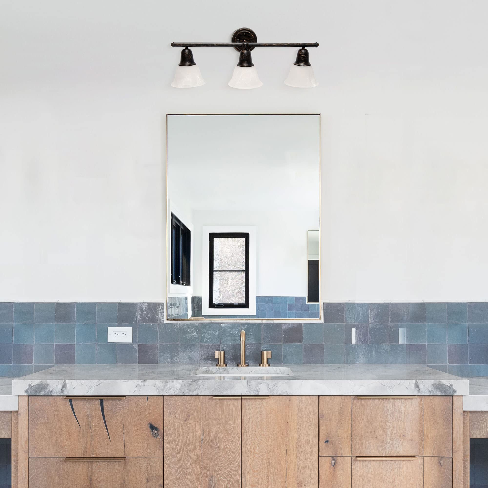 Simple Designs VT1027-ORB 3-Light Wall Mounted Vanity Fixture, Metal, Oil Rubbed Bronze, Frosted Marble Glass Shades, 26.5in