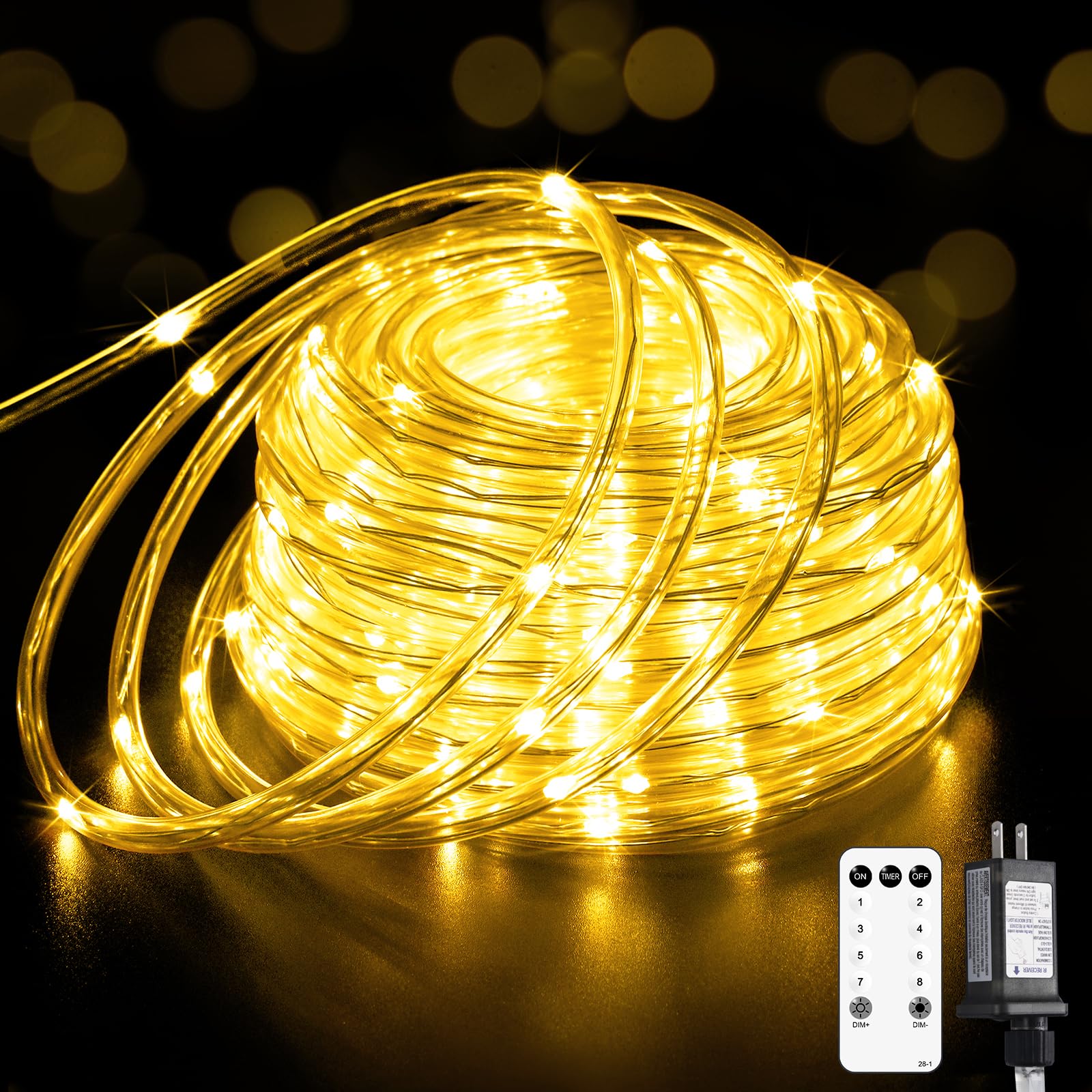 JMEXSUSS 200 LED Warm White Christmas Lights Plug in, Indoor Christmas Rope Lights Outdoor Waterproof, 66FT Rope String Lights with Remote for Outside Christmas Tree Yard Garden Bedroom Patio Decor