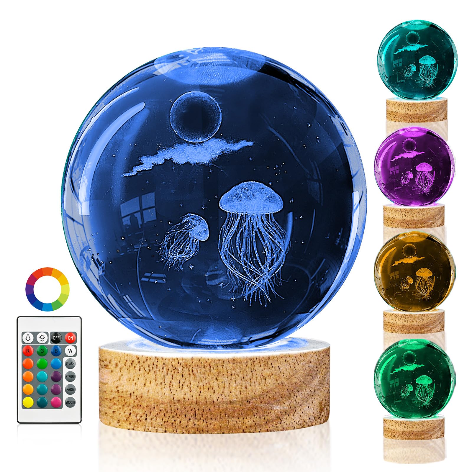Dcoriuntg 3D Jellyfish Crystal Ball Night Light With 16 Color Led Wooden Base Large 3.15 Inch Glass Ball Lamp With Remote For Birthday Christmas Cool Jellyfish Decor Gifts For Boys Girls